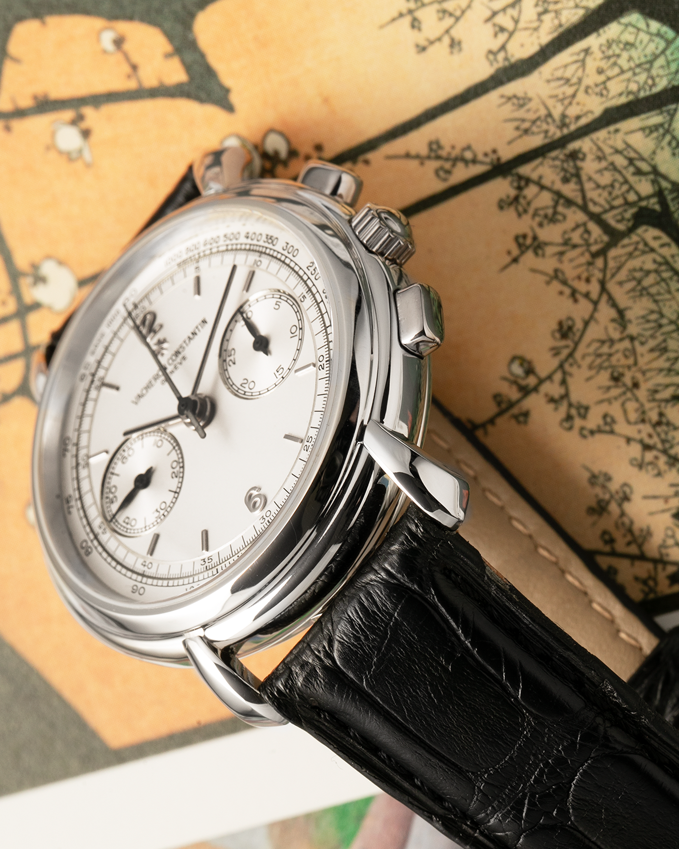 Brand: Vacheron Constantin
Year: 1990’s
Model: Les Historiques Chronograph
Reference: 47101
Material: Platinum 950
Movement: Vacheron Constantin Cal. 1140 (Lémania 2310 Based), Manual-Winding
Case Dimensions: 36mm Diameter 10.6mm Thickness
Lug Width: 18mm
Straps: Vacheron Constantin Black Alligator Strap with Platinum Vacheron Constantin Tang Buckle