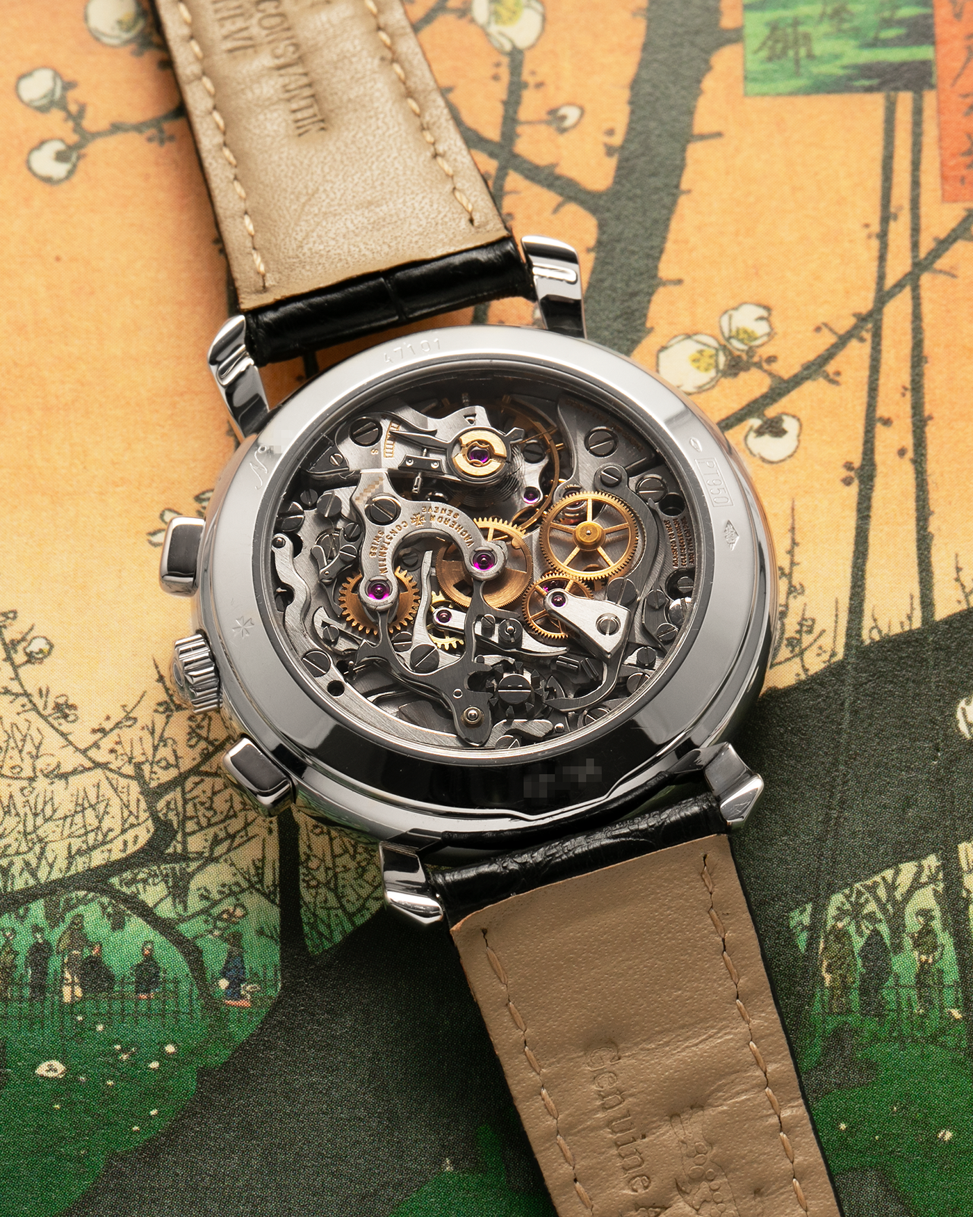 Brand: Vacheron Constantin
Year: 1990’s
Model: Les Historiques Chronograph
Reference: 47101
Material: Platinum 950
Movement: Vacheron Constantin Cal. 1140 (Lémania 2310 Based), Manual-Winding
Case Dimensions: 36mm Diameter 10.6mm Thickness
Lug Width: 18mm
Straps: Vacheron Constantin Black Alligator Strap with Platinum Vacheron Constantin Tang Buckle