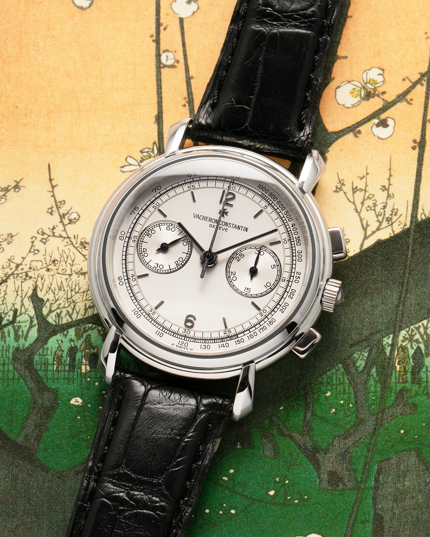 Brand: Vacheron Constantin
Year: 1990’s
Model: Les Historiques Chronograph
Reference: 47101
Material: Platinum 950
Movement: Vacheron Constantin Cal. 1140 (Lémania 2310 Based), Manual-Winding
Case Dimensions: 36mm Diameter 10.6mm Thickness
Lug Width: 18mm
Straps: Vacheron Constantin Black Alligator Strap with Platinum Vacheron Constantin Tang Buckle