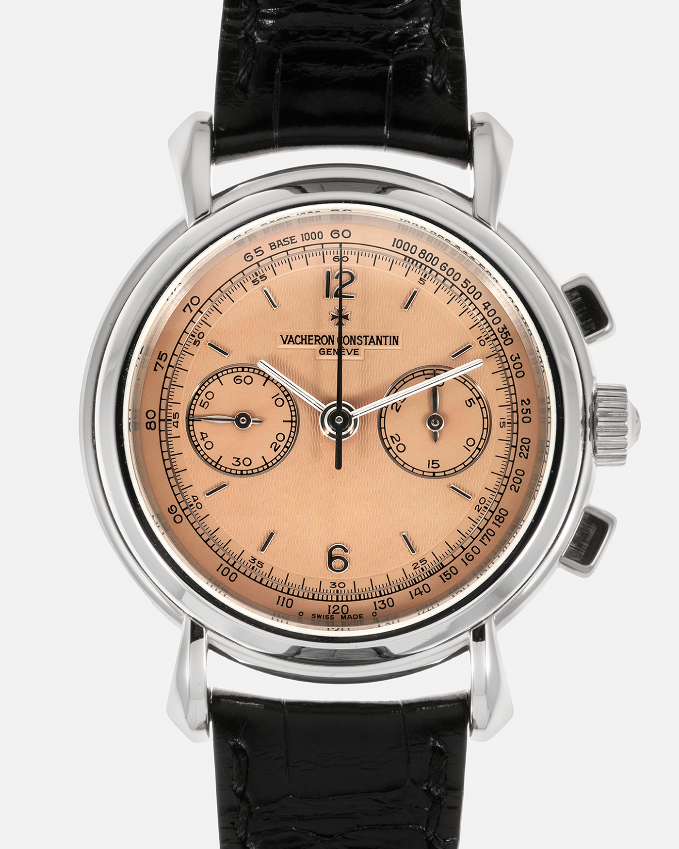 Brand: Vacheron Constantin Year: 1996 Model: Les Historiques Chronograph (Estimated only 60 Examples in this Salmon Dial / Platinum Configuration) Reference Number: 47101/3 Material: Platinum 950 Movement: Lemania 2310 Based Cal. 1140, Manual-Winding Case Diameter: 37mm Lug Width: 18mm Bracelet: Vacheron Constantin Black Alligator Strap and Vacheron Constantin Platinum Tang Buckle