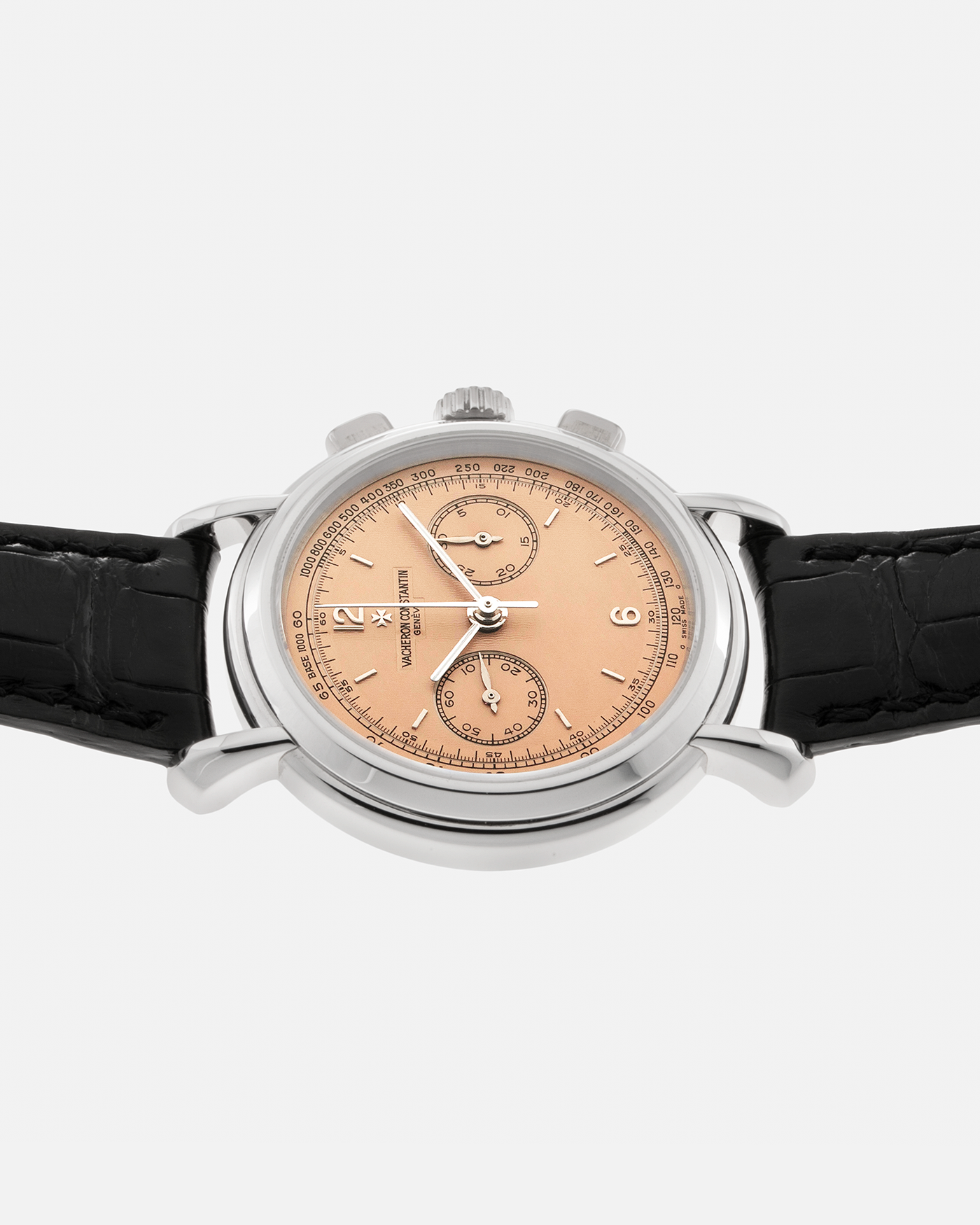 Brand: Vacheron Constantin Year: 1996 Model: Les Historiques Chronograph (Estimated only 60 Examples in this Salmon Dial / Platinum Configuration) Reference Number: 47101/3 Material: Platinum 950 Movement: Lemania 2310 Based Cal. 1140, Manual-Winding Case Diameter: 37mm Lug Width: 18mm Bracelet: Vacheron Constantin Black Alligator Strap and Vacheron Constantin Platinum Tang Buckle
