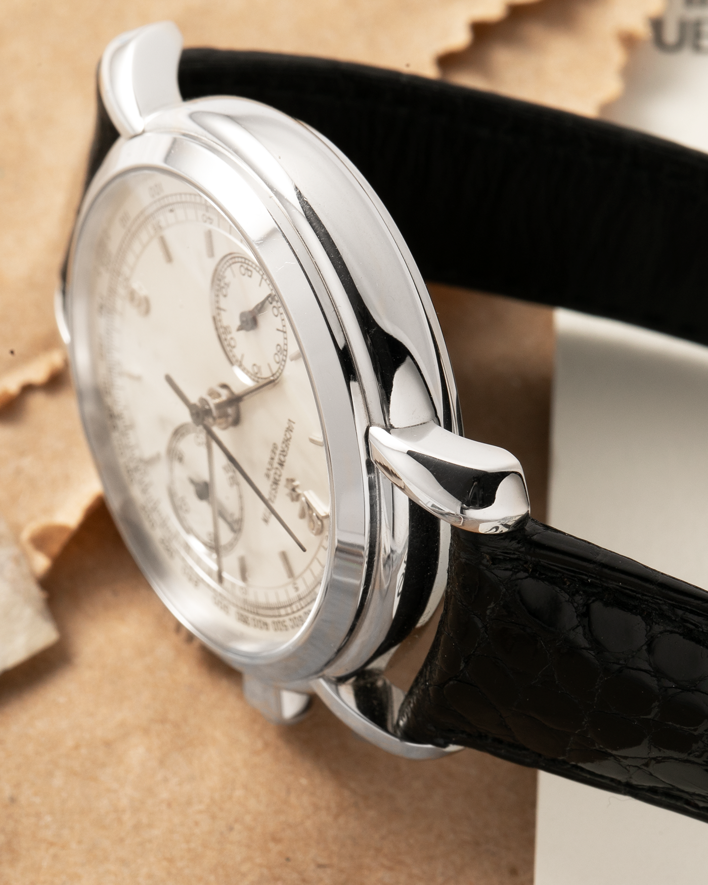Brand: Vacheron Constantin
Year: 1995
Model: Les Historiques Chronograph
Reference: 47101
Material: Platinum 950
Movement: Vacheron Constantin Cal. 1140 (Lémania 2310 Based), Manual-Winding
Case Dimensions: 36mm Diameter 10.6mm Thickness
Lug Width: 18mm
Straps: Vacheron Constantin Black Alligator Strap with Signed Platinum Tang Buckle