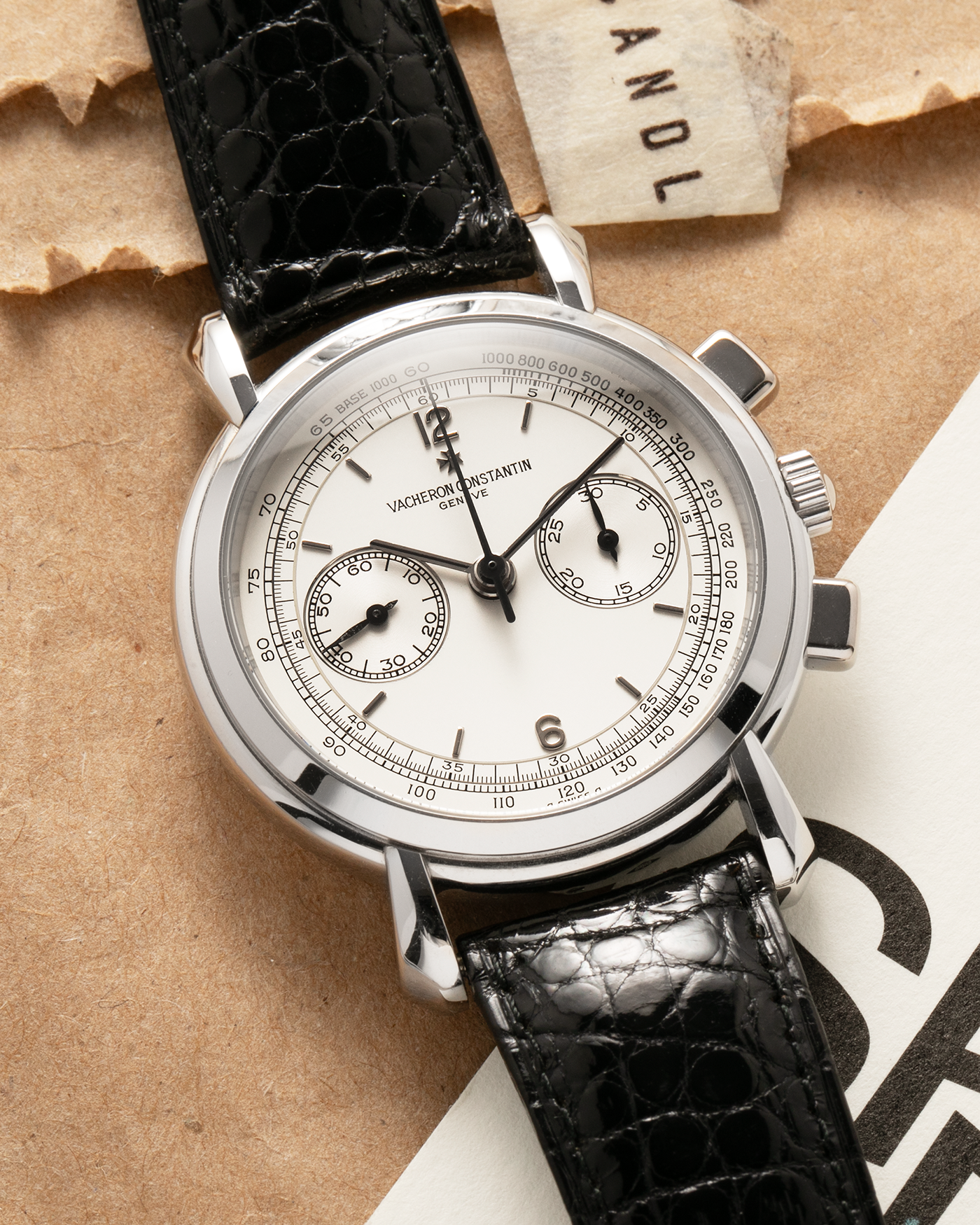 Brand: Vacheron Constantin
Year: 1995
Model: Les Historiques Chronograph
Reference: 47101
Material: Platinum 950
Movement: Vacheron Constantin Cal. 1140 (Lémania 2310 Based), Manual-Winding
Case Dimensions: 36mm Diameter 10.6mm Thickness
Lug Width: 18mm
Straps: Vacheron Constantin Black Alligator Strap with Signed Platinum Tang Buckle