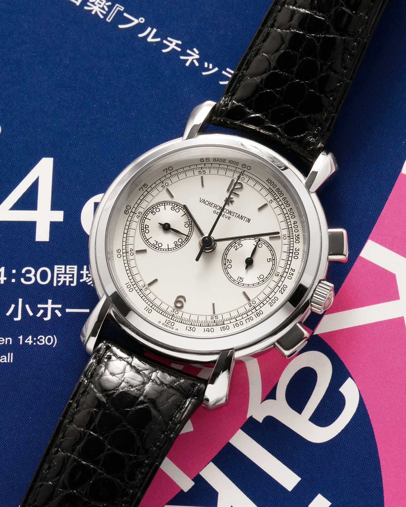 Brand: Vacheron Constantin
Year: 1995
Model: Les Historiques Chronograph
Reference: 47101
Material: Platinum 950
Movement: Vacheron Constantin Cal. 1140 (Lémania 2310 Based), Manual-Winding
Case Dimensions: 36mm Diameter 10.6mm Thickness
Lug Width: 18mm
Straps: Vacheron Constantin Black Alligator Strap with Signed Platinum Tang Buckle