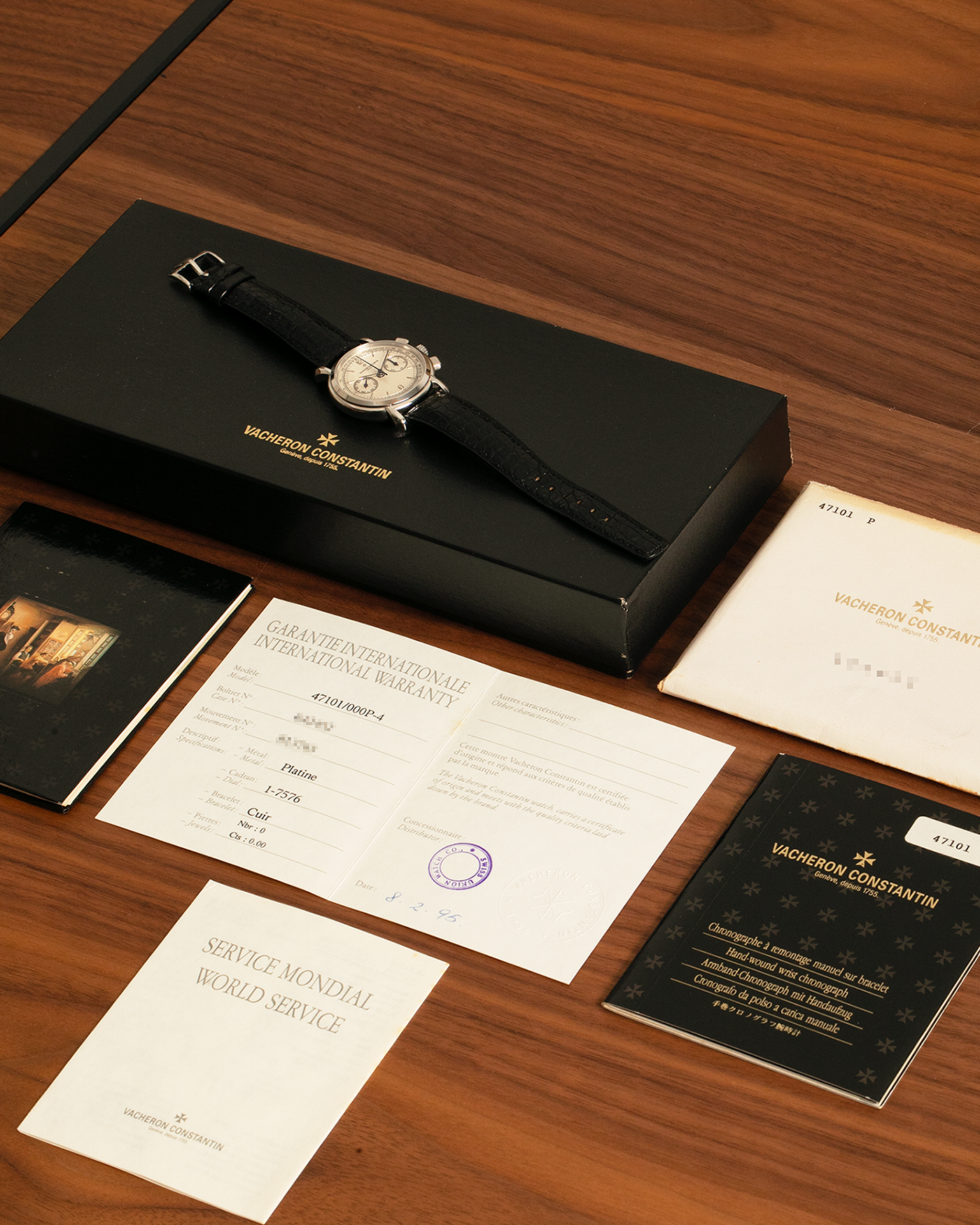 Brand: Vacheron Constantin
Year: 1995
Model: Les Historiques Chronograph
Reference: 47101
Material: Platinum 950
Movement: Vacheron Constantin Cal. 1140 (Lémania 2310 Based), Manual-Winding
Case Dimensions: 36mm Diameter 10.6mm Thickness
Lug Width: 18mm
Straps: Vacheron Constantin Black Alligator Strap with Signed Platinum Tang Buckle