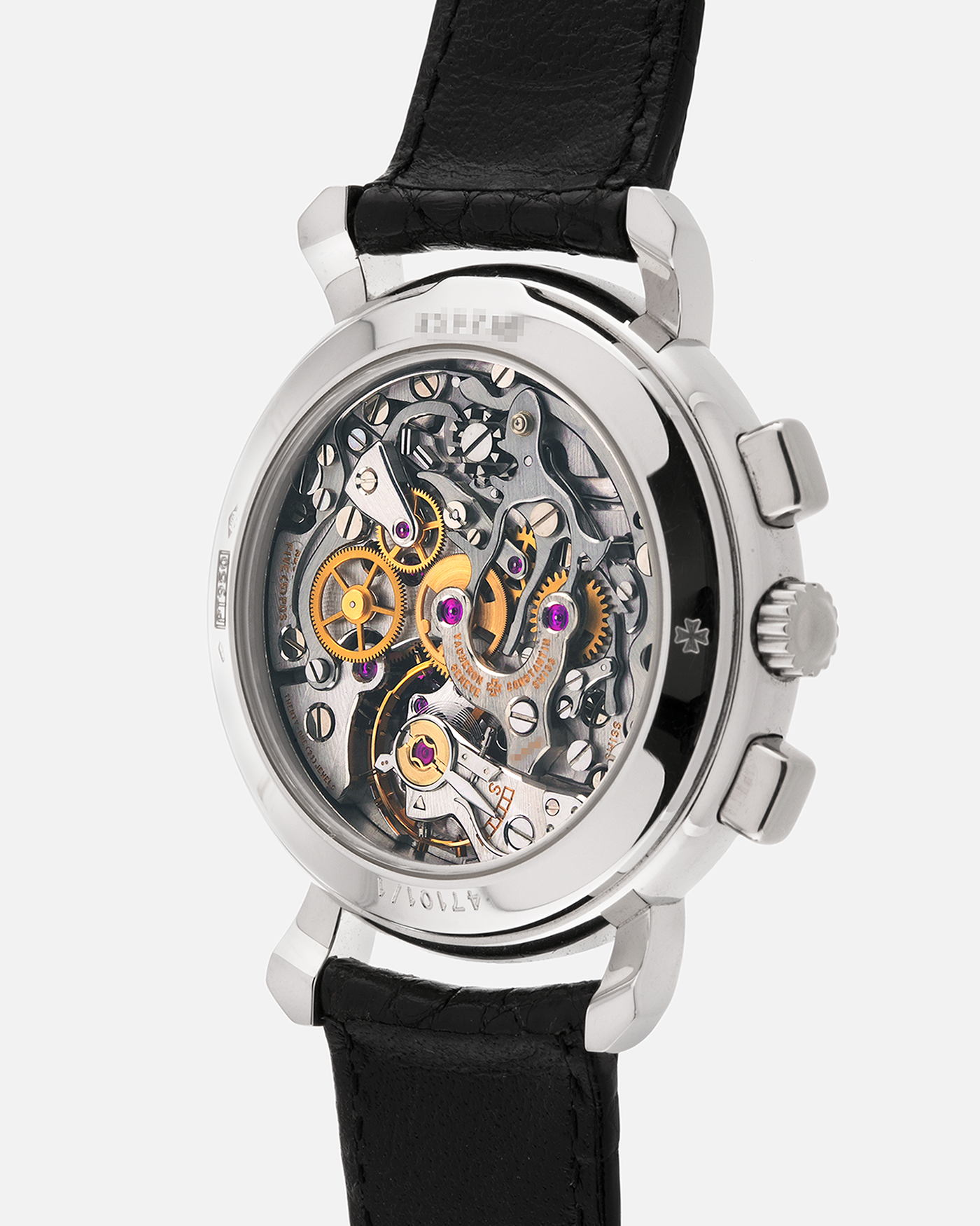Brand: Vacheron Constantin
Year: 1995
Model: Les Historiques Chronograph
Reference: 47101
Material: Platinum 950
Movement: Vacheron Constantin Cal. 1140 (Lémania 2310 Based), Manual-Winding
Case Dimensions: 36mm Diameter 10.6mm Thickness
Lug Width: 18mm
Straps: Vacheron Constantin Black Alligator Strap with Signed Platinum Tang Buckle