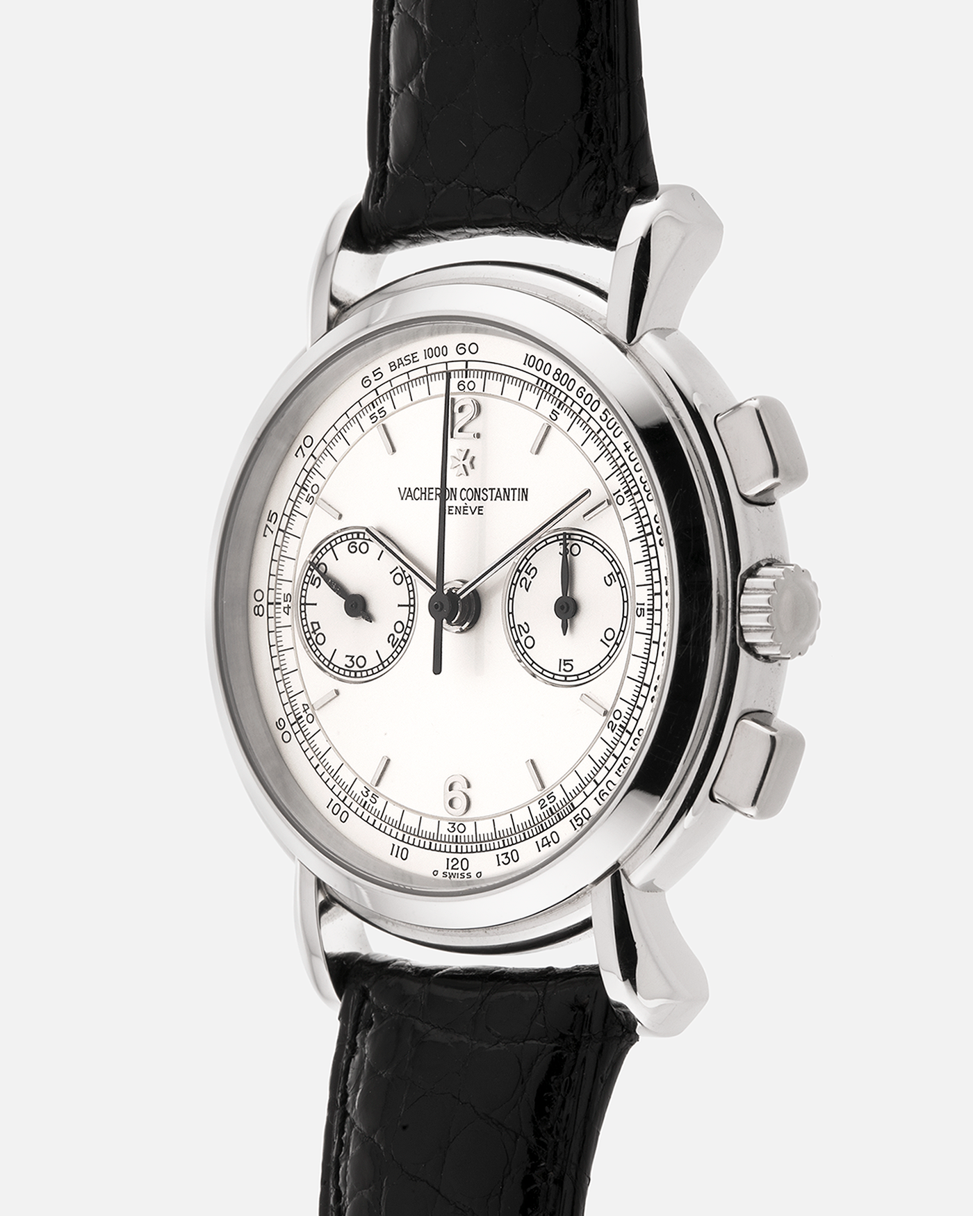Brand: Vacheron Constantin
Year: 1995
Model: Les Historiques Chronograph
Reference: 47101
Material: Platinum 950
Movement: Vacheron Constantin Cal. 1140 (Lémania 2310 Based), Manual-Winding
Case Dimensions: 36mm Diameter 10.6mm Thickness
Lug Width: 18mm
Straps: Vacheron Constantin Black Alligator Strap with Signed Platinum Tang Buckle