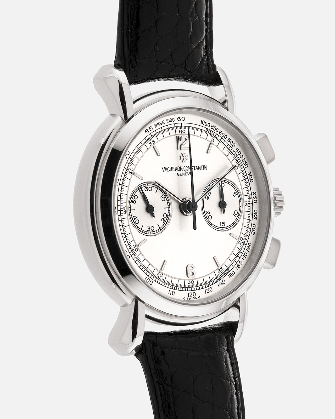 Brand: Vacheron Constantin
Year: 1995
Model: Les Historiques Chronograph
Reference: 47101
Material: Platinum 950
Movement: Vacheron Constantin Cal. 1140 (Lémania 2310 Based), Manual-Winding
Case Dimensions: 36mm Diameter 10.6mm Thickness
Lug Width: 18mm
Straps: Vacheron Constantin Black Alligator Strap with Signed Platinum Tang Buckle