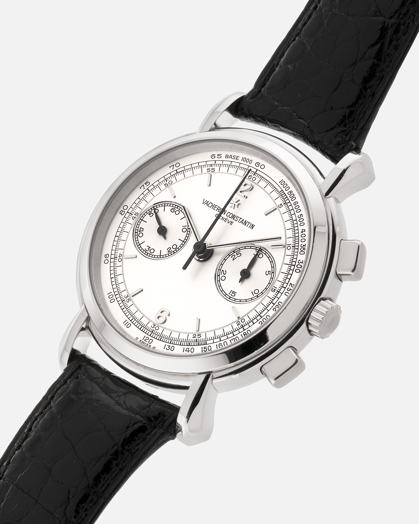 Brand: Vacheron Constantin
Year: 1995
Model: Les Historiques Chronograph
Reference: 47101
Material: Platinum 950
Movement: Vacheron Constantin Cal. 1140 (Lémania 2310 Based), Manual-Winding
Case Dimensions: 36mm Diameter 10.6mm Thickness
Lug Width: 18mm
Straps: Vacheron Constantin Black Alligator Strap with Signed Platinum Tang Buckle