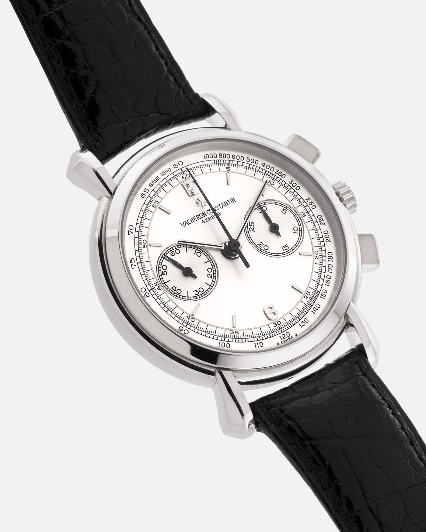 Brand: Vacheron Constantin
Year: 1995
Model: Les Historiques Chronograph
Reference: 47101
Material: Platinum 950
Movement: Vacheron Constantin Cal. 1140 (Lémania 2310 Based), Manual-Winding
Case Dimensions: 36mm Diameter 10.6mm Thickness
Lug Width: 18mm
Straps: Vacheron Constantin Black Alligator Strap with Signed Platinum Tang Buckle