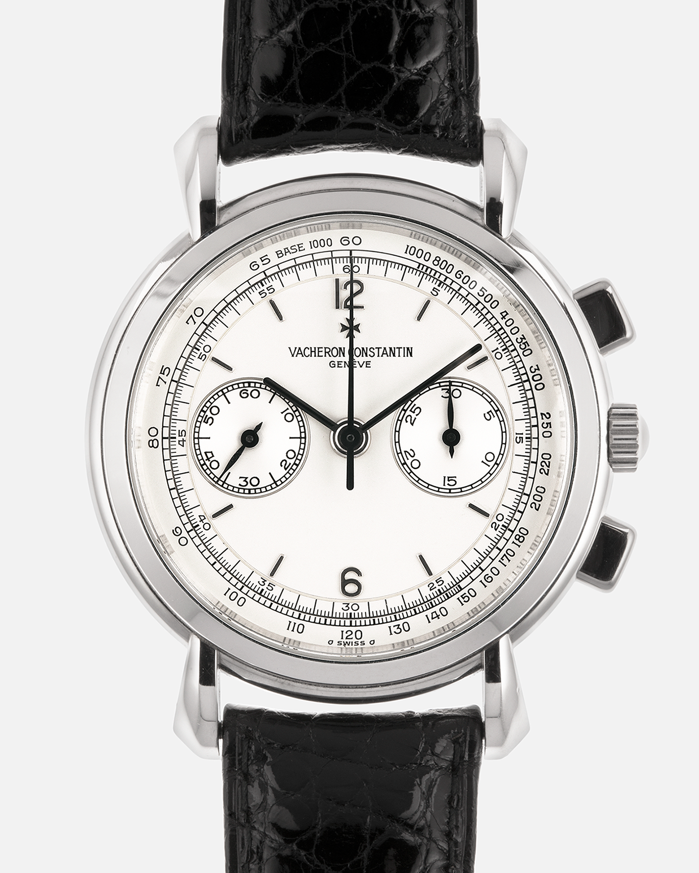 Brand: Vacheron Constantin
Year: 1995
Model: Les Historiques Chronograph
Reference: 47101
Material: Platinum 950
Movement: Vacheron Constantin Cal. 1140 (Lémania 2310 Based), Manual-Winding
Case Dimensions: 36mm Diameter 10.6mm Thickness
Lug Width: 18mm
Straps: Vacheron Constantin Black Alligator Strap with Signed Platinum Tang Buckle