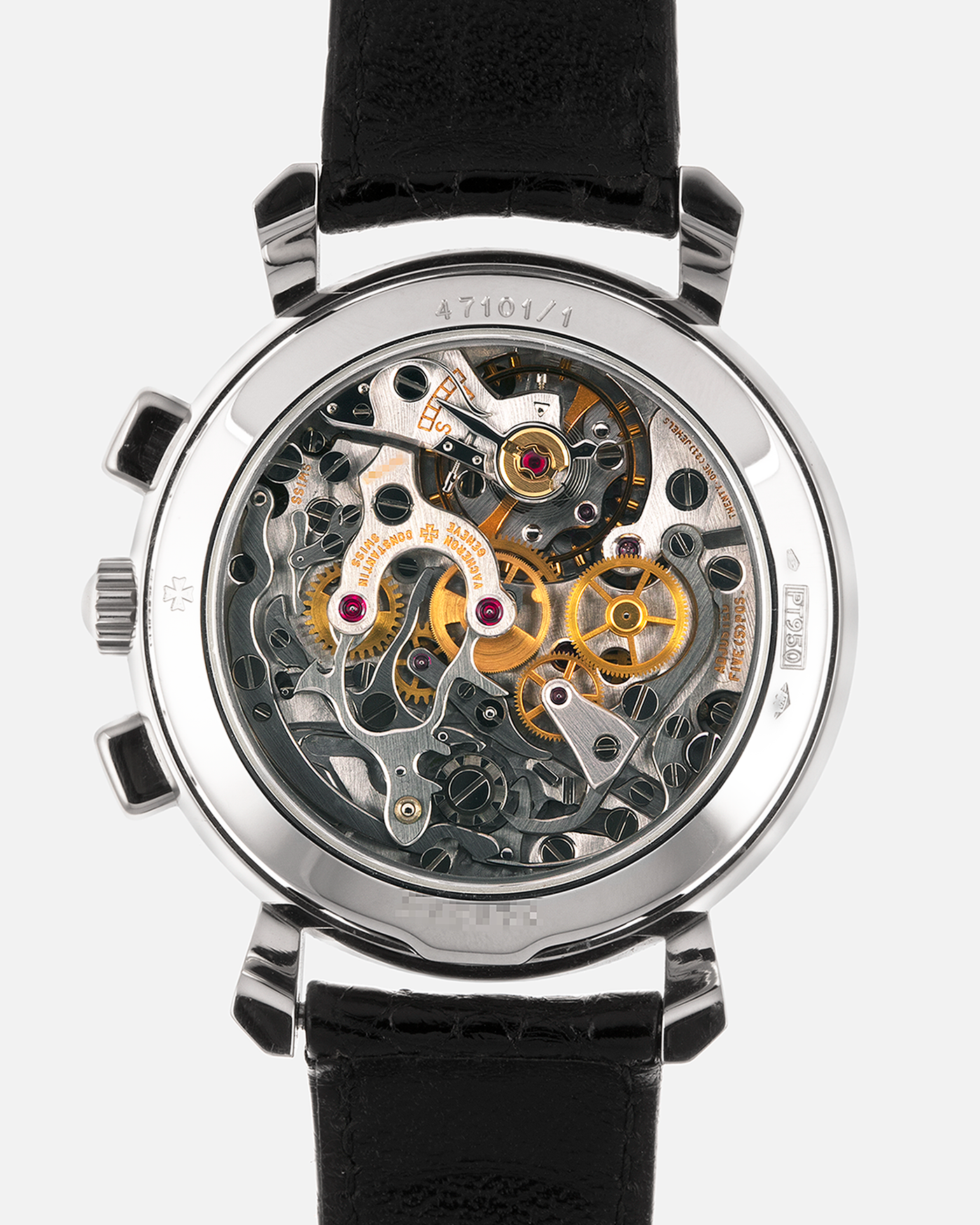 Brand: Vacheron Constantin
Year: 1995
Model: Les Historiques Chronograph
Reference: 47101
Material: Platinum 950
Movement: Vacheron Constantin Cal. 1140 (Lémania 2310 Based), Manual-Winding
Case Dimensions: 36mm Diameter 10.6mm Thickness
Lug Width: 18mm
Straps: Vacheron Constantin Black Alligator Strap with Signed Platinum Tang Buckle