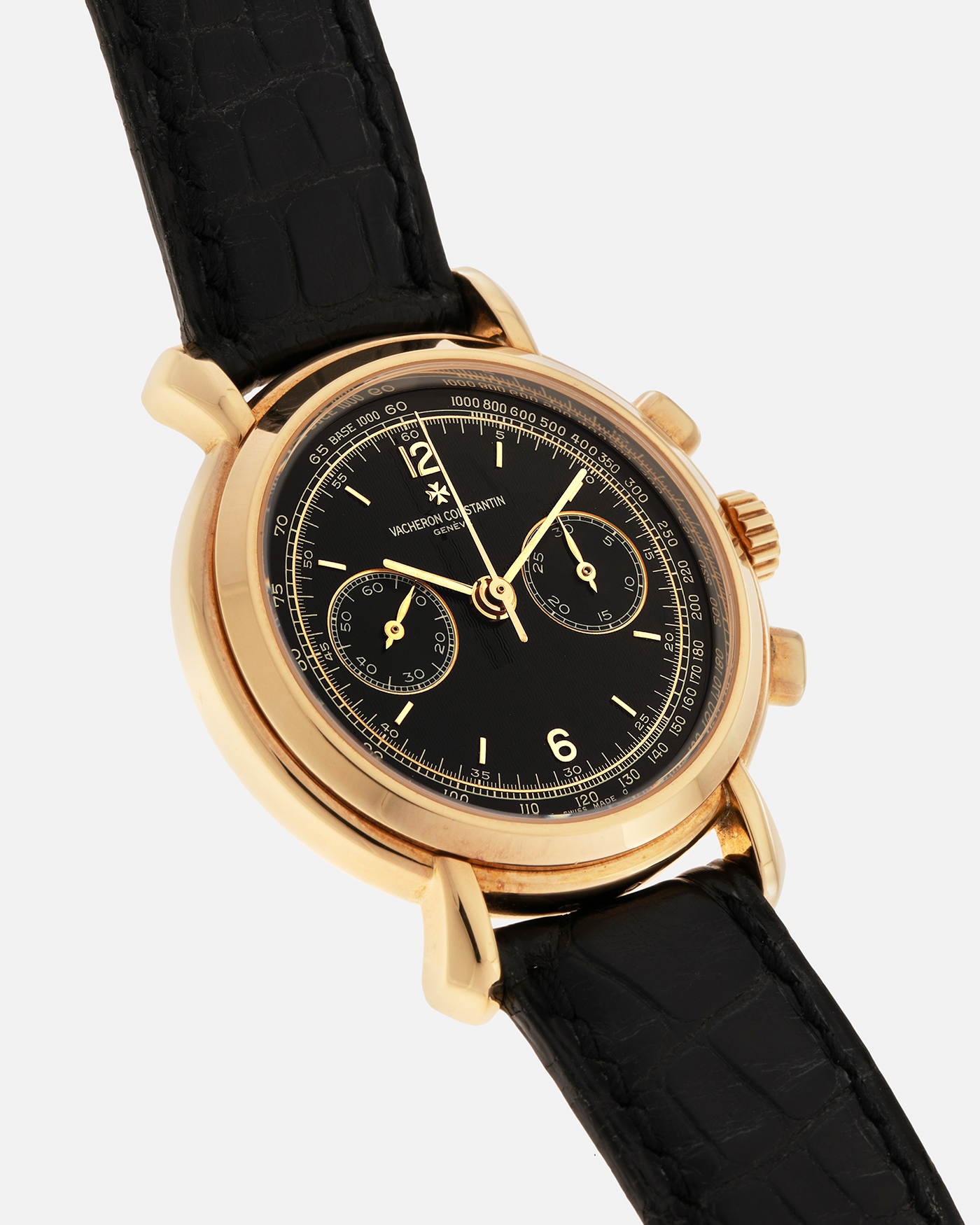 Brand: Vacheron Constantin
Year: 2001
Model: Les Historiques Chronograph 
Reference Number: 47101/47111
Material: 18-carat Yellow Gold
Movement: Lemania 2320 Based Cal. 1141, Manual-Winding
Case Dimensions: 36mm x 10.6mm (Lug-to-Lug 43.7mm)
Lug Width: 18mm
Strap: Vacheron Constantin Black Alligator Leather Strap with Signed 18-carat Yellow Gold Tang Buckle
