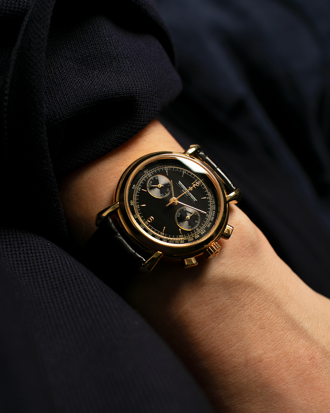 Brand: Vacheron Constantin
Year: 2001
Model: Les Historiques Chronograph 
Reference Number: 47101/47111
Material: 18-carat Yellow Gold
Movement: Lemania 2320 Based Cal. 1141, Manual-Winding
Case Dimensions: 36mm x 10.6mm (Lug-to-Lug 43.7mm)
Lug Width: 18mm
Strap: Vacheron Constantin Black Alligator Leather Strap with Signed 18-carat Yellow Gold Tang Buckle