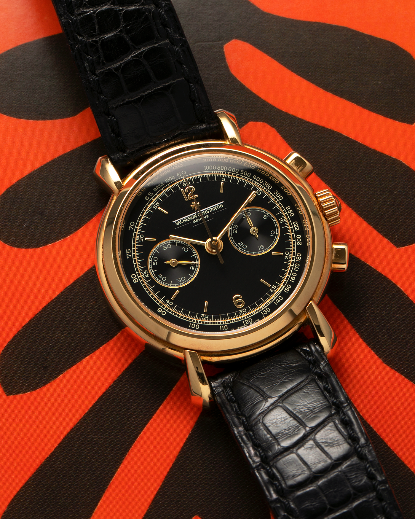 Brand: Vacheron Constantin
Year: 2001
Model: Les Historiques Chronograph 
Reference Number: 47101/47111
Material: 18-carat Yellow Gold
Movement: Lemania 2320 Based Cal. 1141, Manual-Winding
Case Dimensions: 36mm x 10.6mm (Lug-to-Lug 43.7mm)
Lug Width: 18mm
Strap: Vacheron Constantin Black Alligator Leather Strap with Signed 18-carat Yellow Gold Tang Buckle
