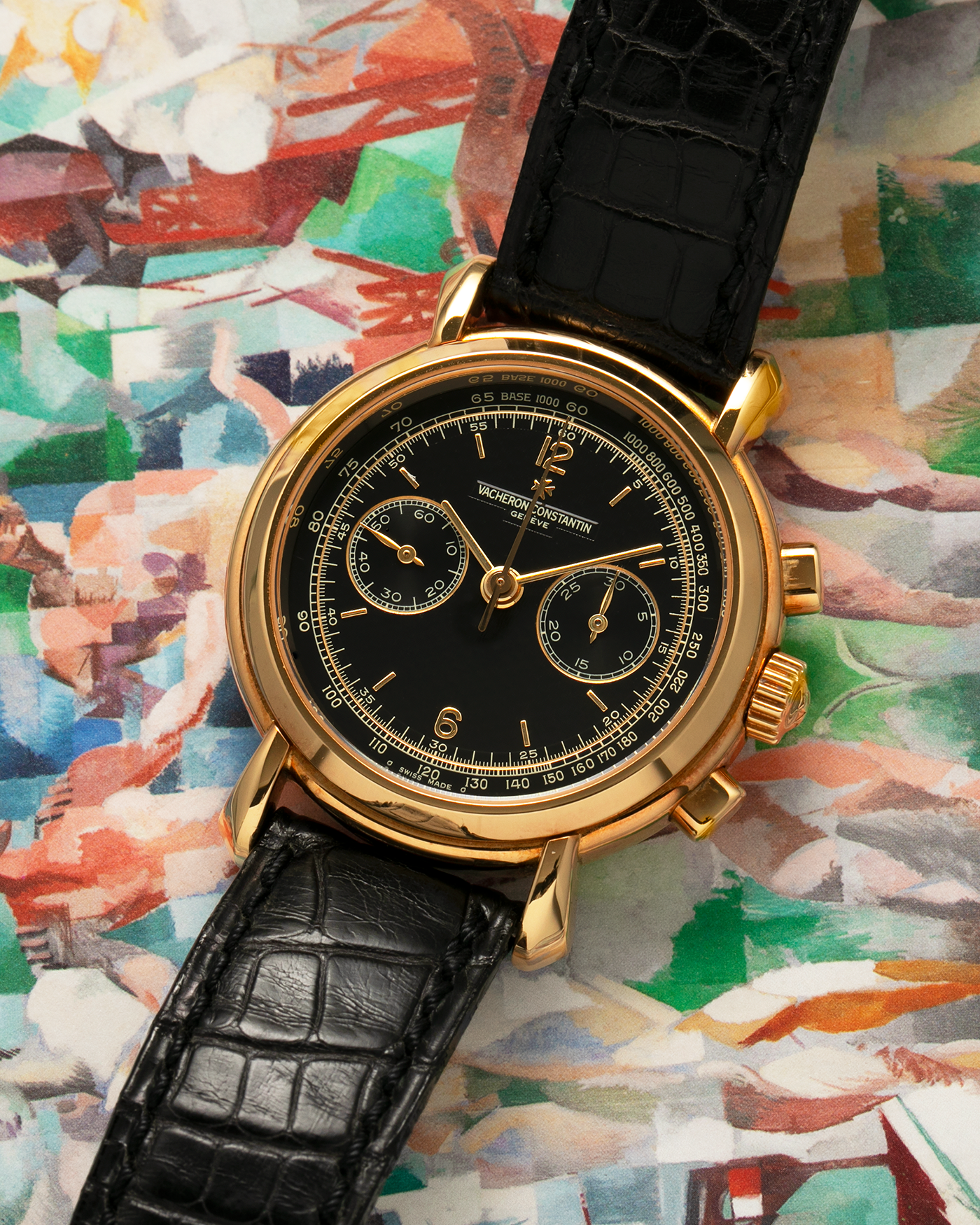 Brand: Vacheron Constantin
Year: 2001
Model: Les Historiques Chronograph 
Reference Number: 47101/47111
Material: 18-carat Yellow Gold
Movement: Lemania 2320 Based Cal. 1141, Manual-Winding
Case Dimensions: 36mm x 10.6mm (Lug-to-Lug 43.7mm)
Lug Width: 18mm
Strap: Vacheron Constantin Black Alligator Leather Strap with Signed 18-carat Yellow Gold Tang Buckle