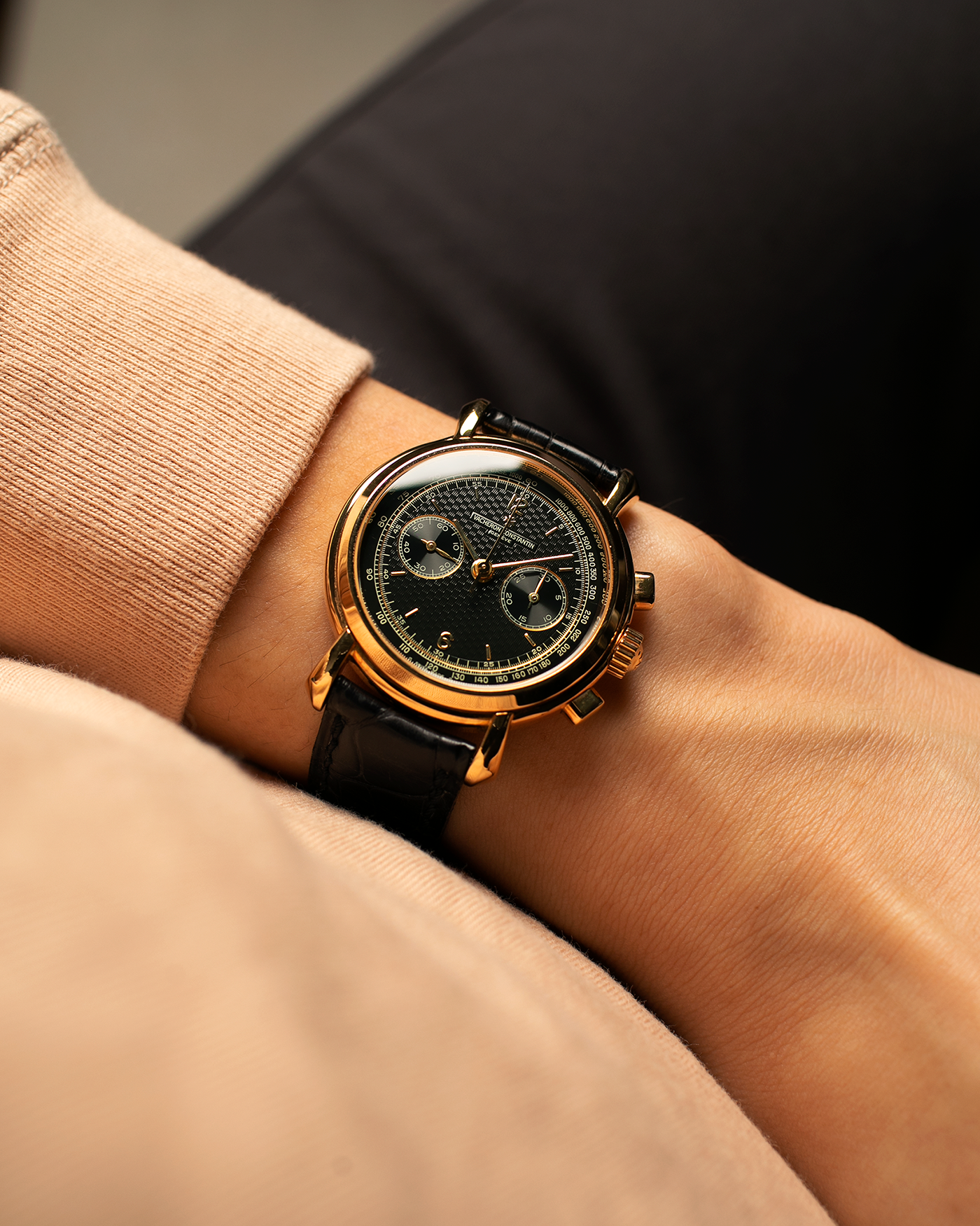 Brand: Vacheron Constantin
Year: 2001
Model: Les Historiques Chronograph 
Reference Number: 47101/47111
Material: 18-carat Yellow Gold
Movement: Lemania 2320 Based Cal. 1141, Manual-Winding
Case Dimensions: 36mm x 10.6mm (Lug-to-Lug 43.7mm)
Lug Width: 18mm
Strap: Vacheron Constantin Black Alligator Leather Strap with Signed 18-carat Yellow Gold Tang Buckle