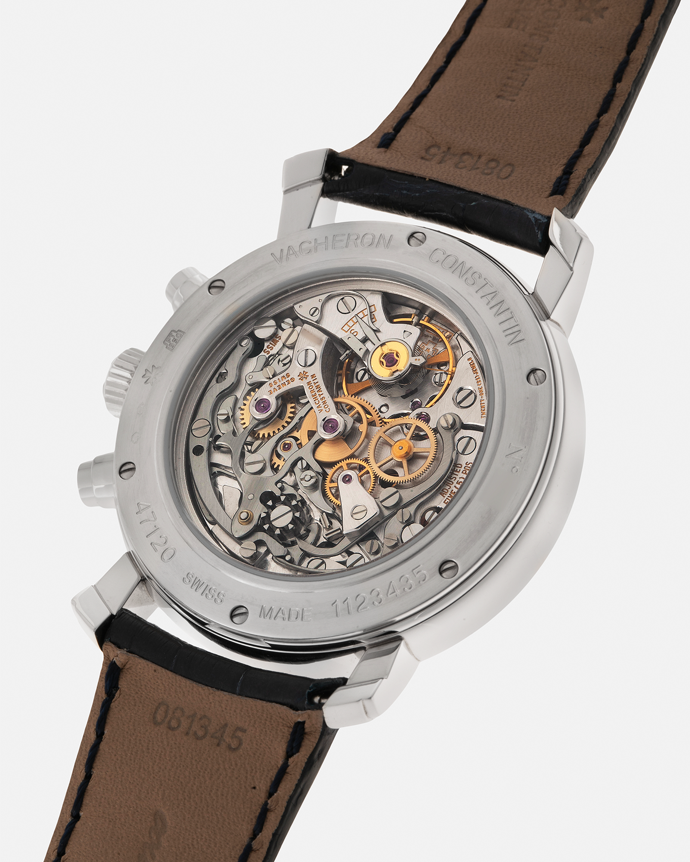 Brand: Vacheron Constantin
Year: 2006
Model: Excellence Platine Collection, Malte Chronograph
Reference Number: 47120
Material: Platinum 950
Movement: Vacheron Constantin Cal. 1141, Manual-Winding
Case Diameter: 41.5mm x 11mm (Lug-to-Lug 48.8mm)
Lug Width: 22mm
Strap: Vacheron Constantin Black Alligator Leather Strap with Signed Platinum Tang Buckle
