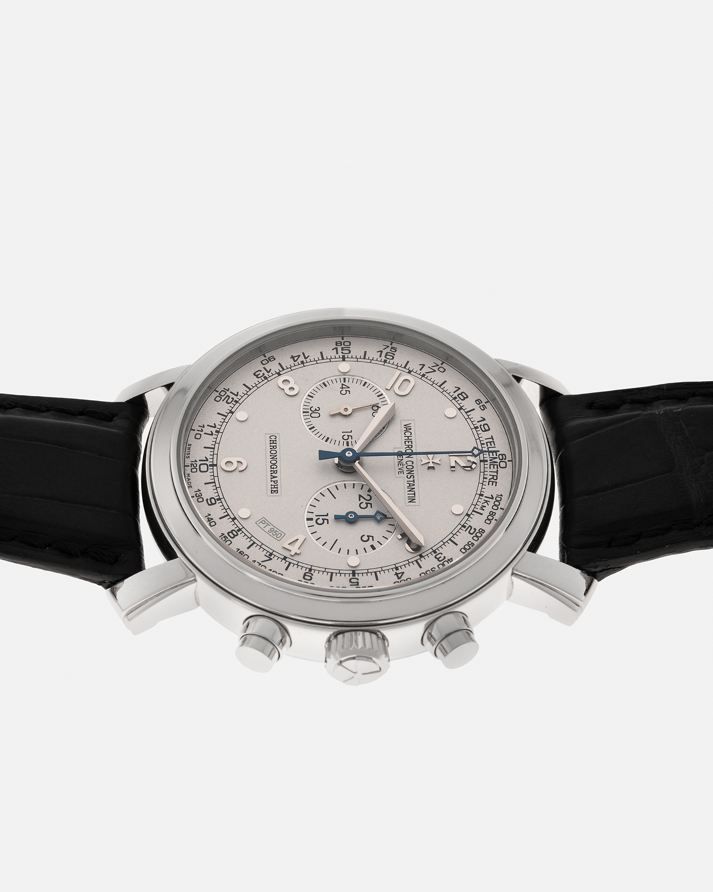Brand: Vacheron Constantin
Year: 2006
Model: Excellence Platine Collection, Malte Chronograph
Reference Number: 47120
Material: Platinum 950
Movement: Vacheron Constantin Cal. 1141, Manual-Winding
Case Diameter: 41.5mm x 11mm (Lug-to-Lug 48.8mm)
Lug Width: 22mm
Strap: Vacheron Constantin Black Alligator Leather Strap with Signed Platinum Tang Buckle