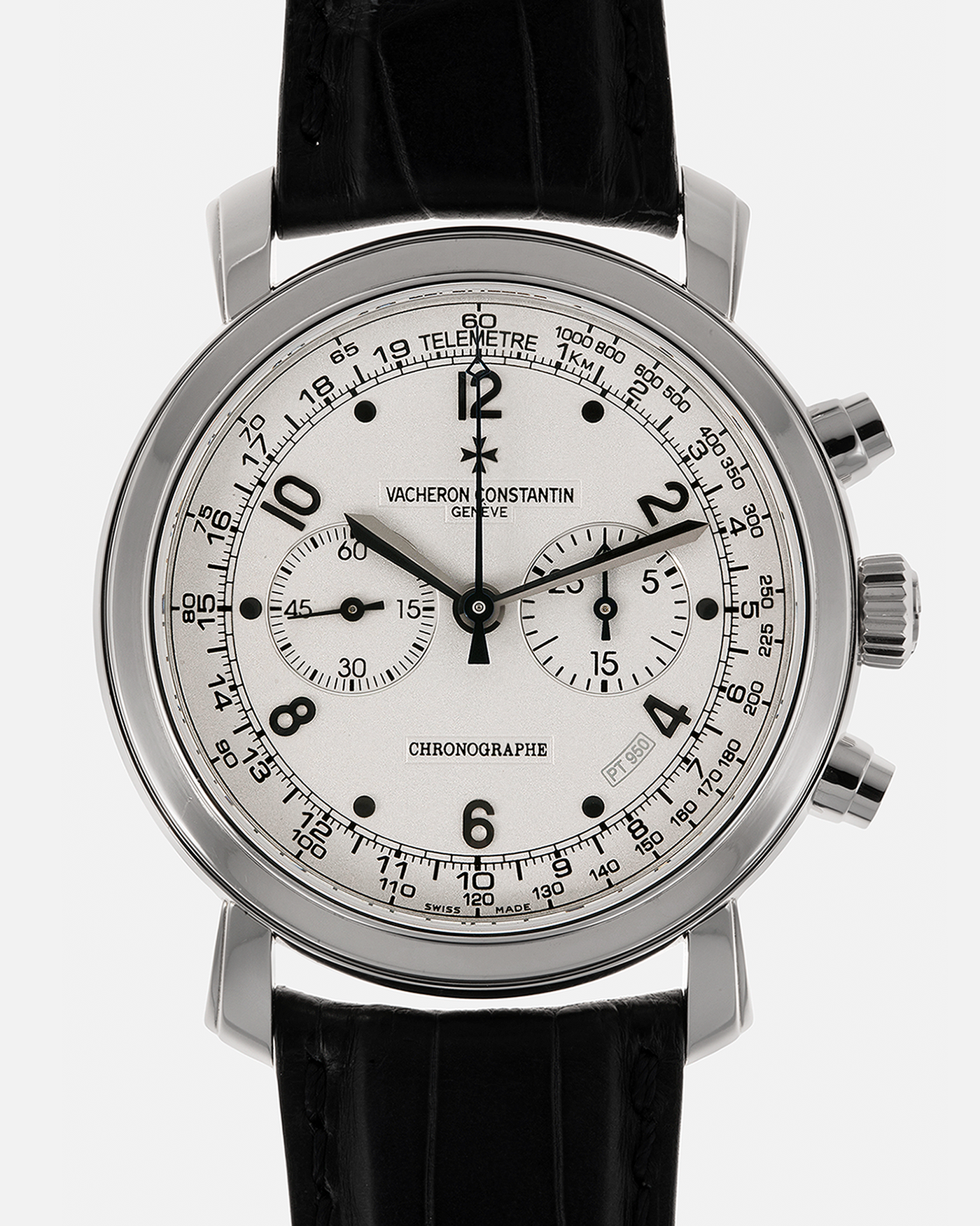 Brand: Vacheron Constantin
Year: 2006
Model: Excellence Platine Collection, Malte Chronograph
Reference Number: 47120
Material: Platinum 950
Movement: Vacheron Constantin Cal. 1141, Manual-Winding
Case Diameter: 41.5mm x 11mm (Lug-to-Lug 48.8mm)
Lug Width: 22mm
Strap: Vacheron Constantin Black Alligator Leather Strap with Signed Platinum Tang Buckle