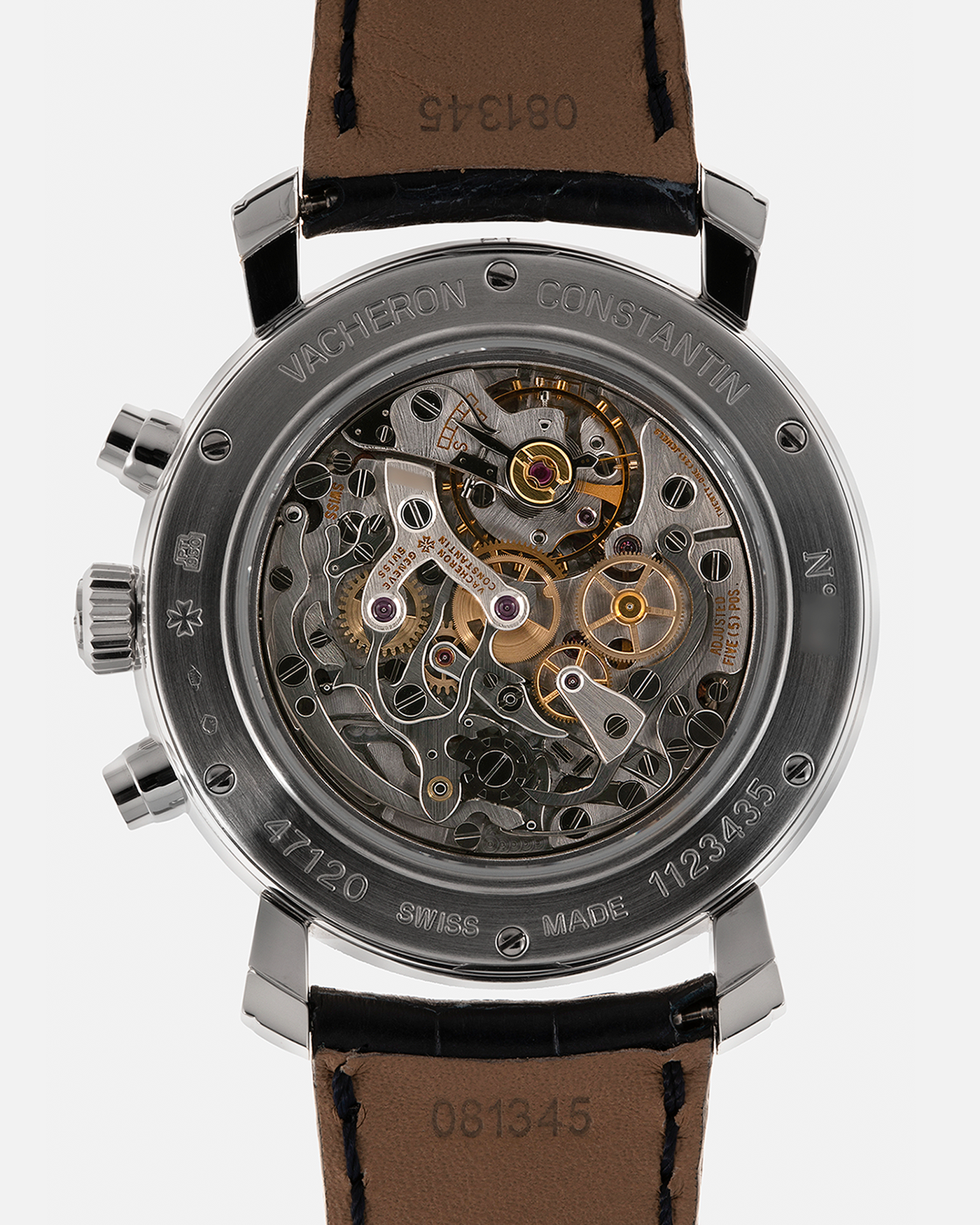 Brand: Vacheron Constantin
Year: 2006
Model: Excellence Platine Collection, Malte Chronograph
Reference Number: 47120
Material: Platinum 950
Movement: Vacheron Constantin Cal. 1141, Manual-Winding
Case Diameter: 41.5mm x 11mm (Lug-to-Lug 48.8mm)
Lug Width: 22mm
Strap: Vacheron Constantin Black Alligator Leather Strap with Signed Platinum Tang Buckle