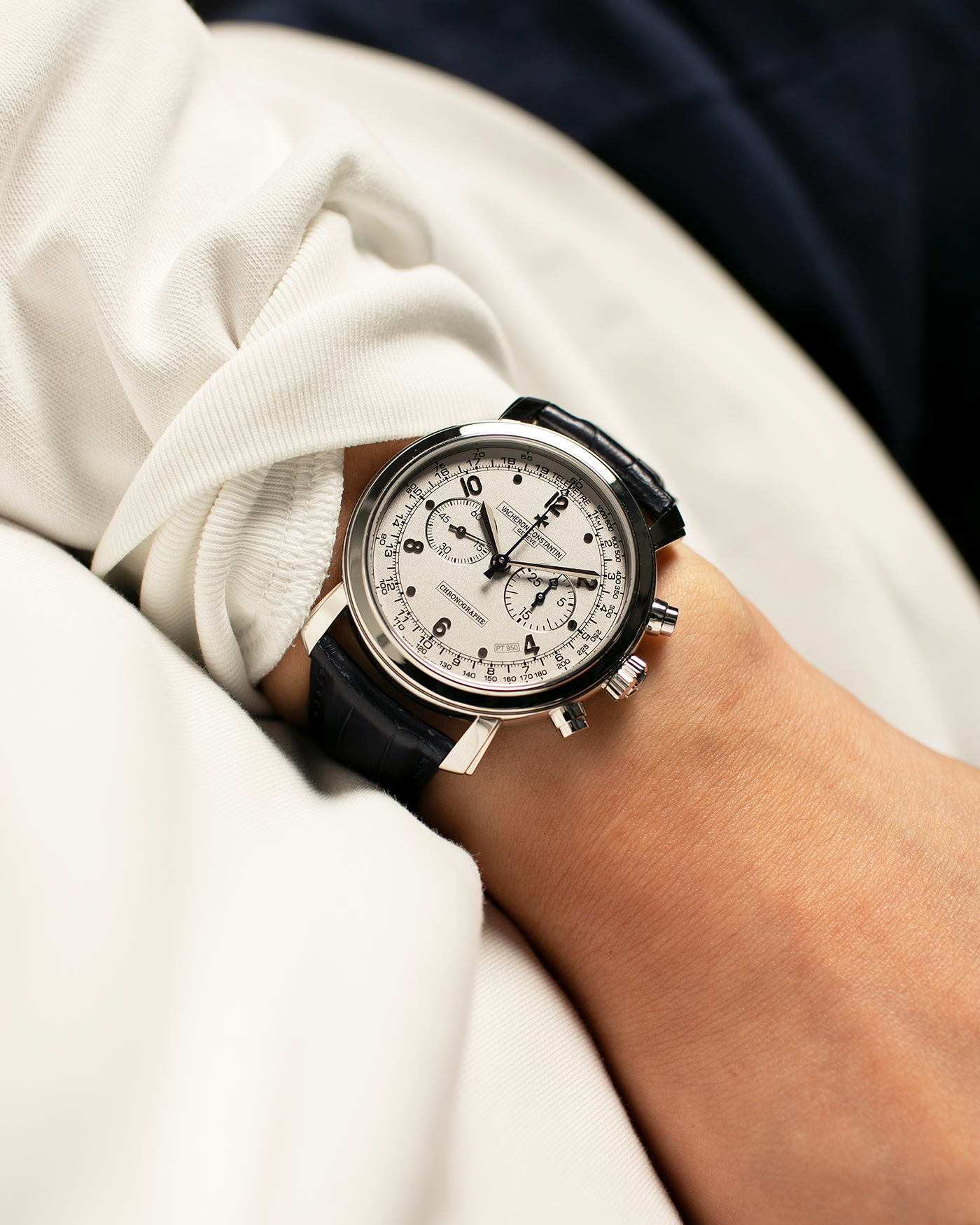 Brand: Vacheron Constantin
Year: 2006
Model: Excellence Platine Collection, Malte Chronograph
Reference Number: 47120
Material: Platinum 950
Movement: Vacheron Constantin Cal. 1141, Manual-Winding
Case Diameter: 41.5mm x 11mm (Lug-to-Lug 48.8mm)
Lug Width: 22mm
Strap: Vacheron Constantin Black Alligator Leather Strap with Signed Platinum Tang Buckle