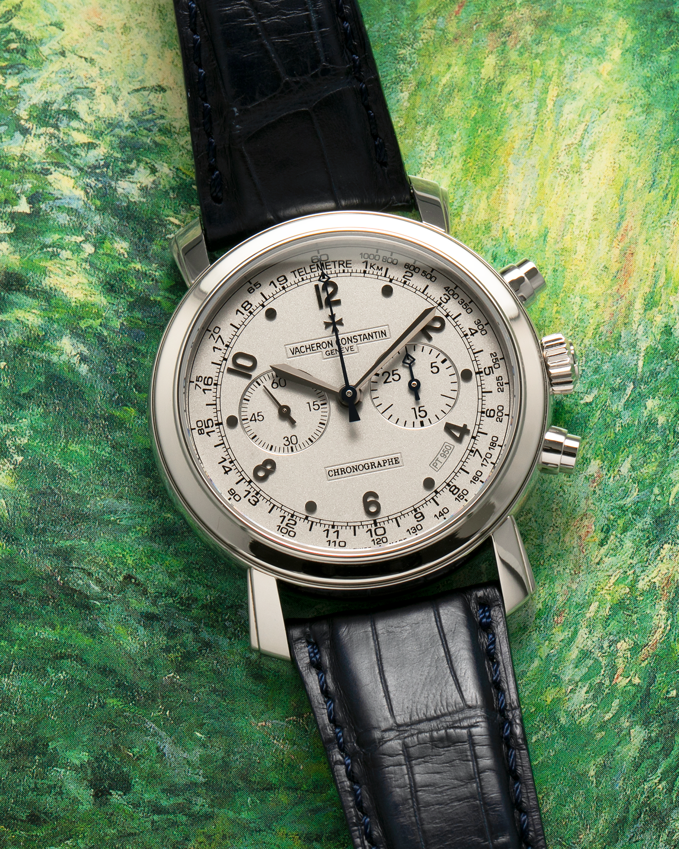 Brand: Vacheron Constantin
Year: 2006
Model: Excellence Platine Collection, Malte Chronograph
Reference Number: 47120
Material: Platinum 950
Movement: Vacheron Constantin Cal. 1141, Manual-Winding
Case Diameter: 41.5mm x 11mm (Lug-to-Lug 48.8mm)
Lug Width: 22mm
Strap: Vacheron Constantin Black Alligator Leather Strap with Signed Platinum Tang Buckle