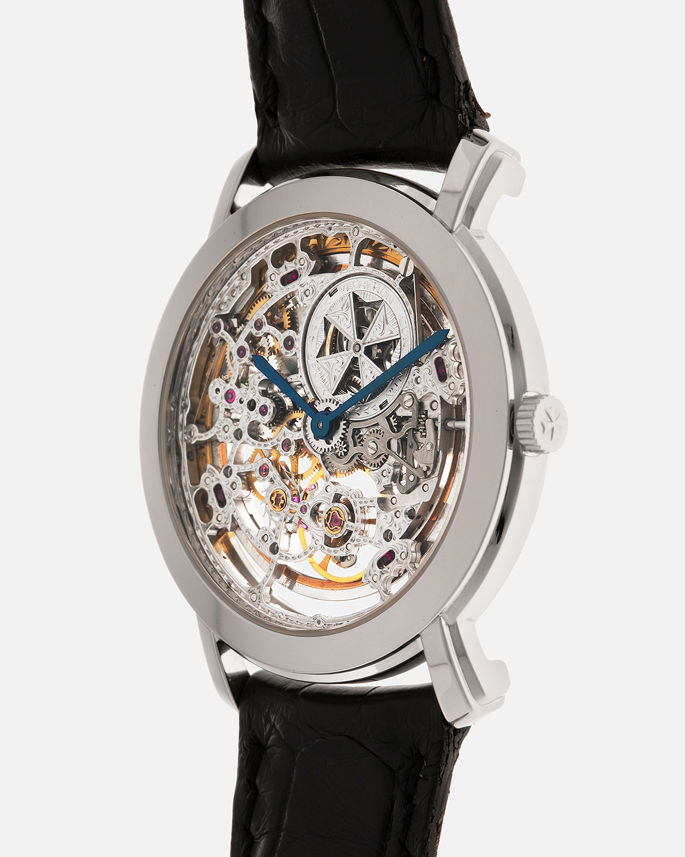 Brand: Vacheron Constantin
Year: 2000s
Model: Malte Skeleton
Reference Number: 43080
Material: 18-carat White Gold Case
Movement: Vacheron Constantin Cal. 1120 SQ (Based on JLC Cal. 920 Ébauche), Self-Winding
Case Dimensions: 35.5mm x 6mm (Lug-to-Lug 41mm)
Lug Width: 19mm
Strap: Vacheron Constantin Black Alligator Leather Strap with Signed 18-carat White Gold Tang Buckle