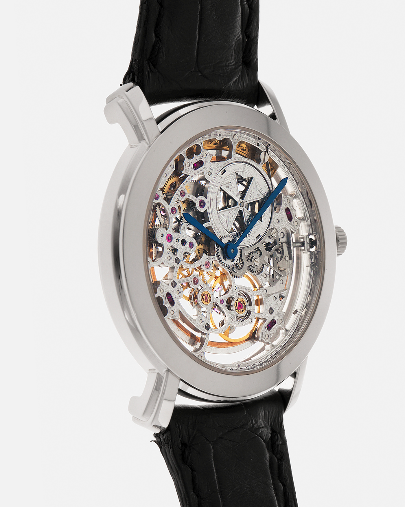 Brand: Vacheron Constantin
Year: 2000s
Model: Malte Skeleton
Reference Number: 43080
Material: 18-carat White Gold Case
Movement: Vacheron Constantin Cal. 1120 SQ (Based on JLC Cal. 920 Ébauche), Self-Winding
Case Dimensions: 35.5mm x 6mm (Lug-to-Lug 41mm)
Lug Width: 19mm
Strap: Vacheron Constantin Black Alligator Leather Strap with Signed 18-carat White Gold Tang Buckle