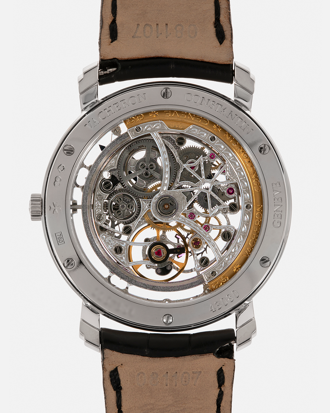 Brand: Vacheron Constantin
Year: 2000s
Model: Malte Skeleton
Reference Number: 43080
Material: 18-carat White Gold Case
Movement: Vacheron Constantin Cal. 1120 SQ (Based on JLC Cal. 920 Ébauche), Self-Winding
Case Dimensions: 35.5mm x 6mm (Lug-to-Lug 41mm)
Lug Width: 19mm
Strap: Vacheron Constantin Black Alligator Leather Strap with Signed 18-carat White Gold Tang Buckle