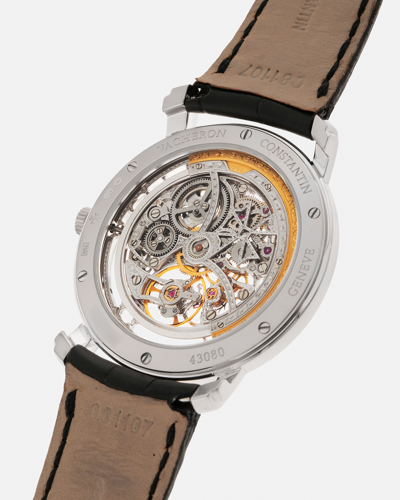 Brand: Vacheron Constantin
Year: 2000s
Model: Malte Skeleton
Reference Number: 43080
Material: 18-carat White Gold Case
Movement: Vacheron Constantin Cal. 1120 SQ (Based on JLC Cal. 920 Ébauche), Self-Winding
Case Dimensions: 35.5mm x 6mm (Lug-to-Lug 41mm)
Lug Width: 19mm
Strap: Vacheron Constantin Black Alligator Leather Strap with Signed 18-carat White Gold Tang Buckle