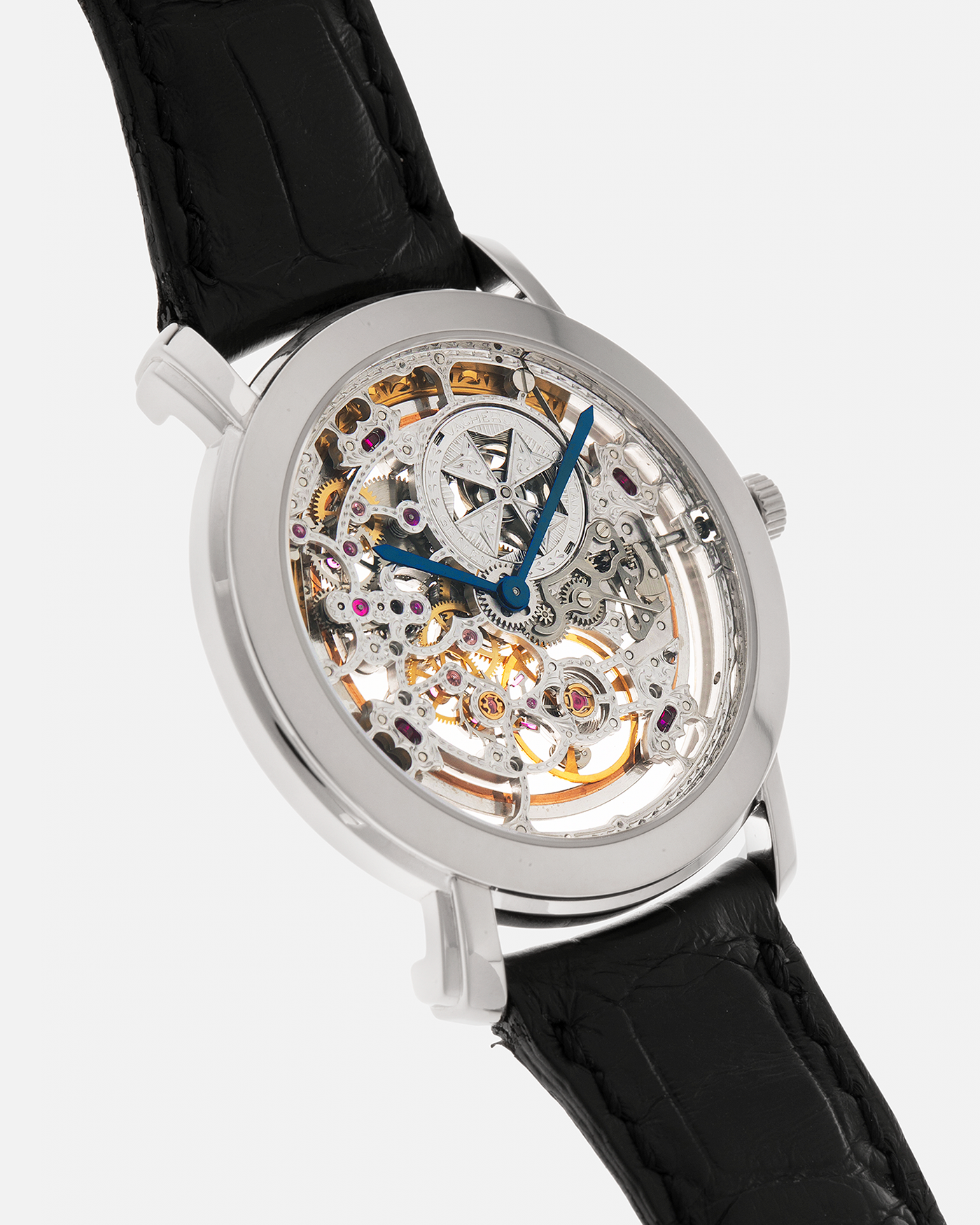 Brand: Vacheron Constantin
Year: 2000s
Model: Malte Skeleton
Reference Number: 43080
Material: 18-carat White Gold Case
Movement: Vacheron Constantin Cal. 1120 SQ (Based on JLC Cal. 920 Ébauche), Self-Winding
Case Dimensions: 35.5mm x 6mm (Lug-to-Lug 41mm)
Lug Width: 19mm
Strap: Vacheron Constantin Black Alligator Leather Strap with Signed 18-carat White Gold Tang Buckle