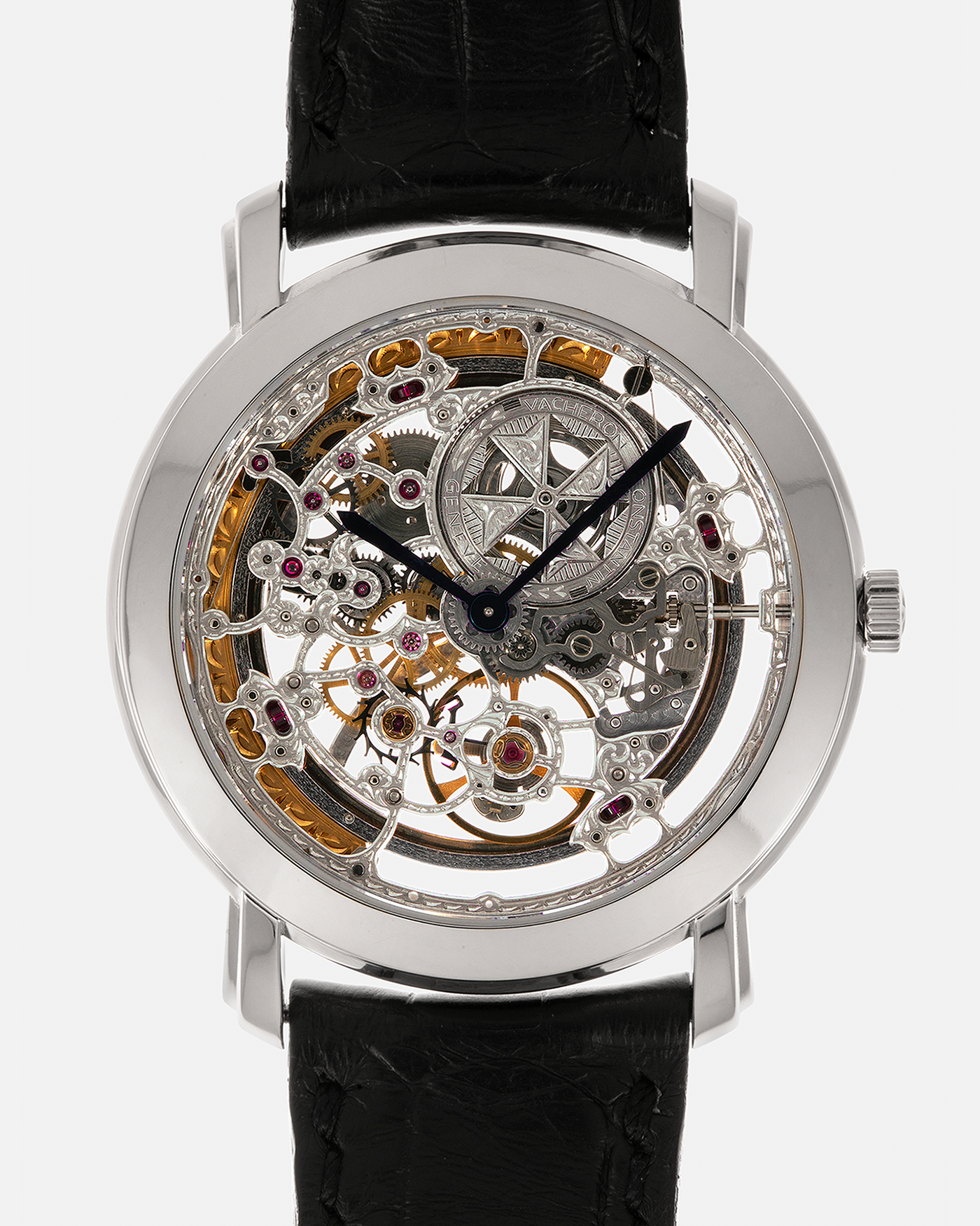 Brand: Vacheron Constantin
Year: 2000s
Model: Malte Skeleton
Reference Number: 43080
Material: 18-carat White Gold Case
Movement: Vacheron Constantin Cal. 1120 SQ (Based on JLC Cal. 920 Ébauche), Self-Winding
Case Dimensions: 35.5mm x 6mm (Lug-to-Lug 41mm)
Lug Width: 19mm
Strap: Vacheron Constantin Black Alligator Leather Strap with Signed 18-carat White Gold Tang Buckle