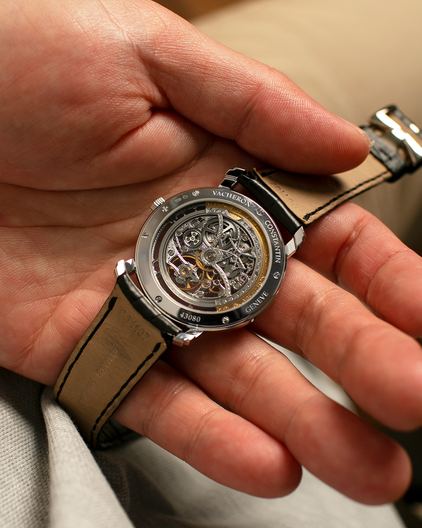 Brand: Vacheron Constantin
Year: 2000s
Model: Malte Skeleton
Reference Number: 43080
Material: 18-carat White Gold Case
Movement: Vacheron Constantin Cal. 1120 SQ (Based on JLC Cal. 920 Ébauche), Self-Winding
Case Dimensions: 35.5mm x 6mm (Lug-to-Lug 41mm)
Lug Width: 19mm
Strap: Vacheron Constantin Black Alligator Leather Strap with Signed 18-carat White Gold Tang Buckle