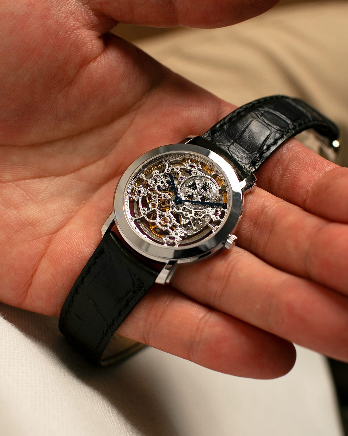 Brand: Vacheron Constantin
Year: 2000s
Model: Malte Skeleton
Reference Number: 43080
Material: 18-carat White Gold Case
Movement: Vacheron Constantin Cal. 1120 SQ (Based on JLC Cal. 920 Ébauche), Self-Winding
Case Dimensions: 35.5mm x 6mm (Lug-to-Lug 41mm)
Lug Width: 19mm
Strap: Vacheron Constantin Black Alligator Leather Strap with Signed 18-carat White Gold Tang Buckle