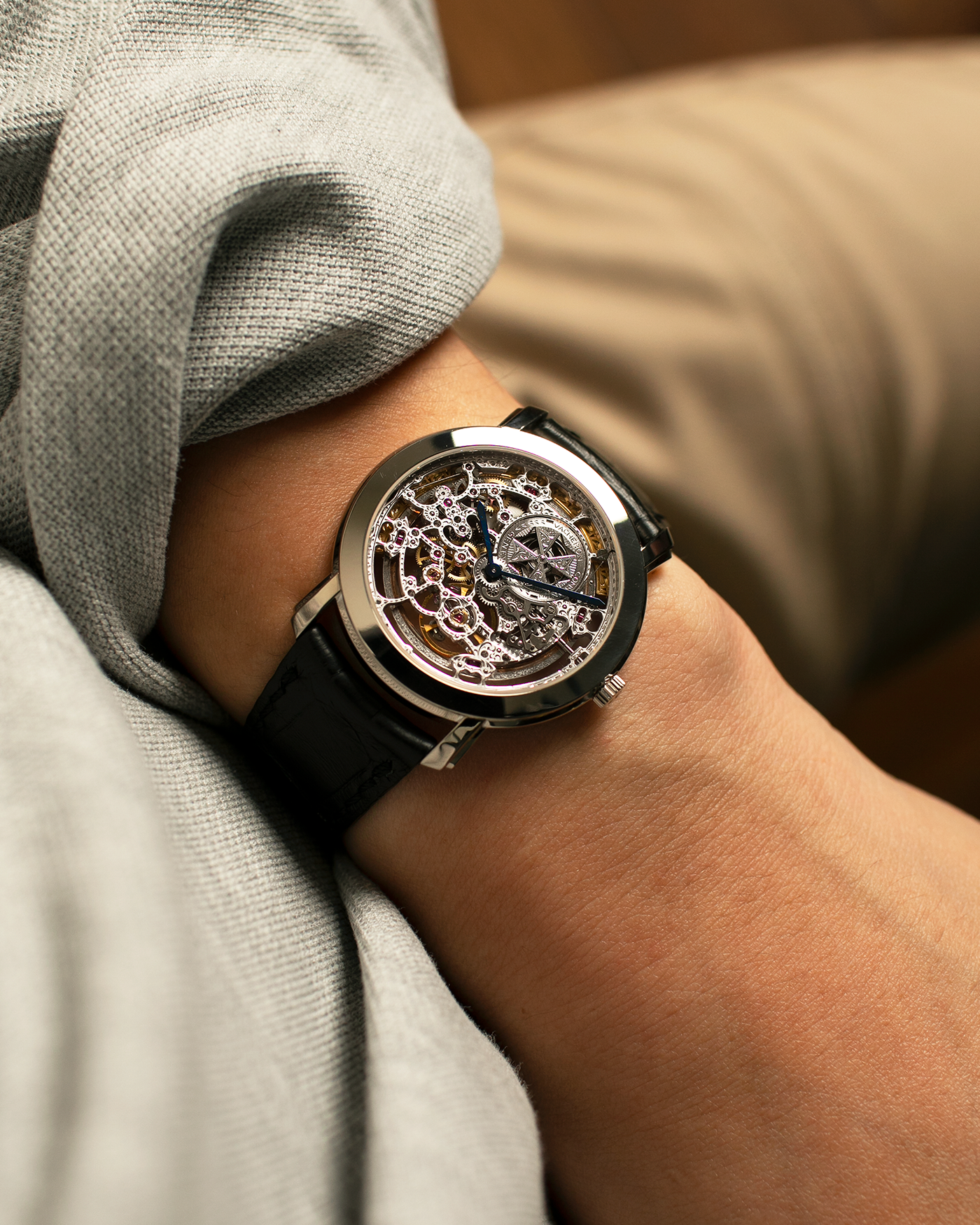Brand: Vacheron Constantin
Year: 2000s
Model: Malte Skeleton
Reference Number: 43080
Material: 18-carat White Gold Case
Movement: Vacheron Constantin Cal. 1120 SQ (Based on JLC Cal. 920 Ébauche), Self-Winding
Case Dimensions: 35.5mm x 6mm (Lug-to-Lug 41mm)
Lug Width: 19mm
Strap: Vacheron Constantin Black Alligator Leather Strap with Signed 18-carat White Gold Tang Buckle