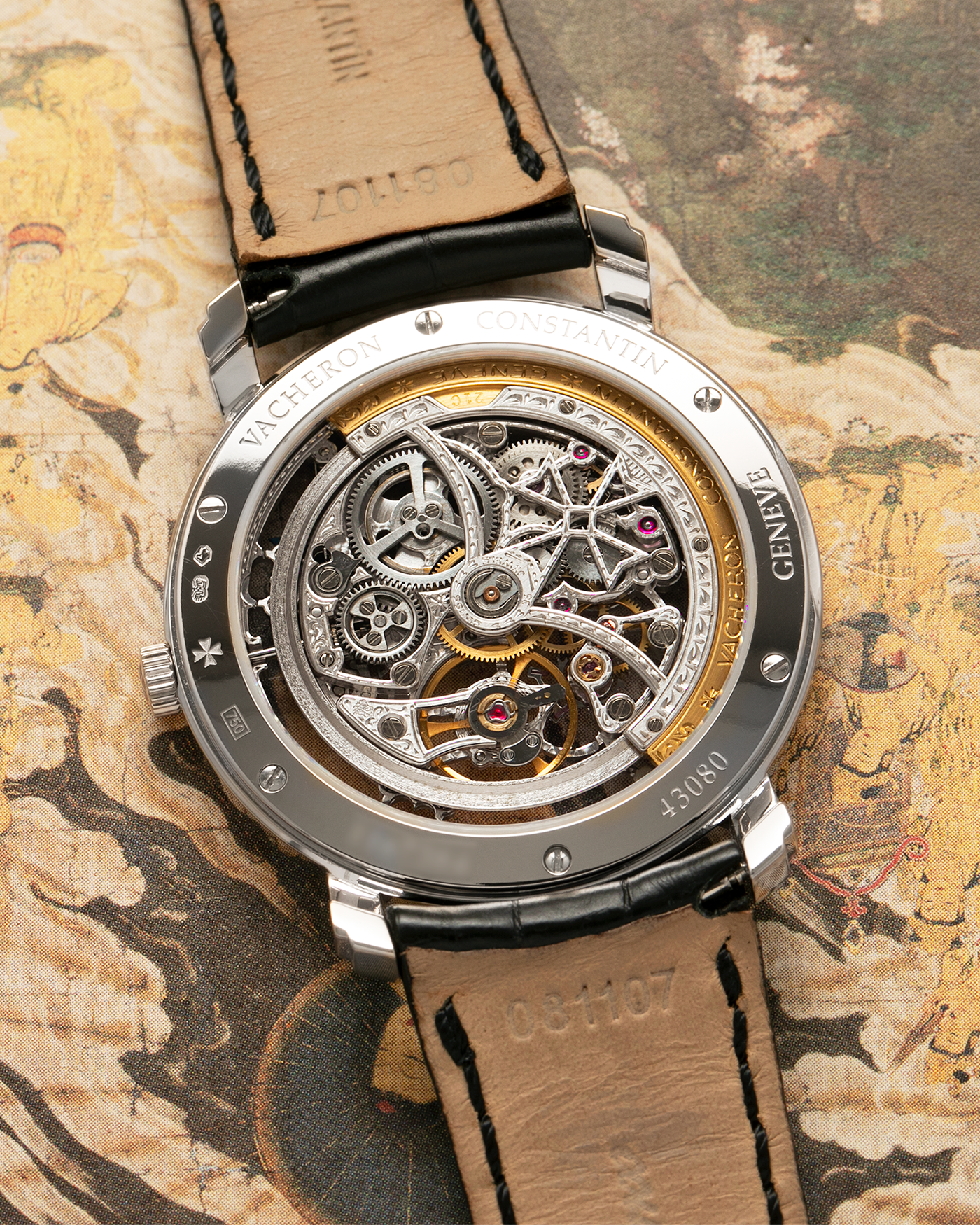 Brand: Vacheron Constantin
Year: 2000s
Model: Malte Skeleton
Reference Number: 43080
Material: 18-carat White Gold Case
Movement: Vacheron Constantin Cal. 1120 SQ (Based on JLC Cal. 920 Ébauche), Self-Winding
Case Dimensions: 35.5mm x 6mm (Lug-to-Lug 41mm)
Lug Width: 19mm
Strap: Vacheron Constantin Black Alligator Leather Strap with Signed 18-carat White Gold Tang Buckle