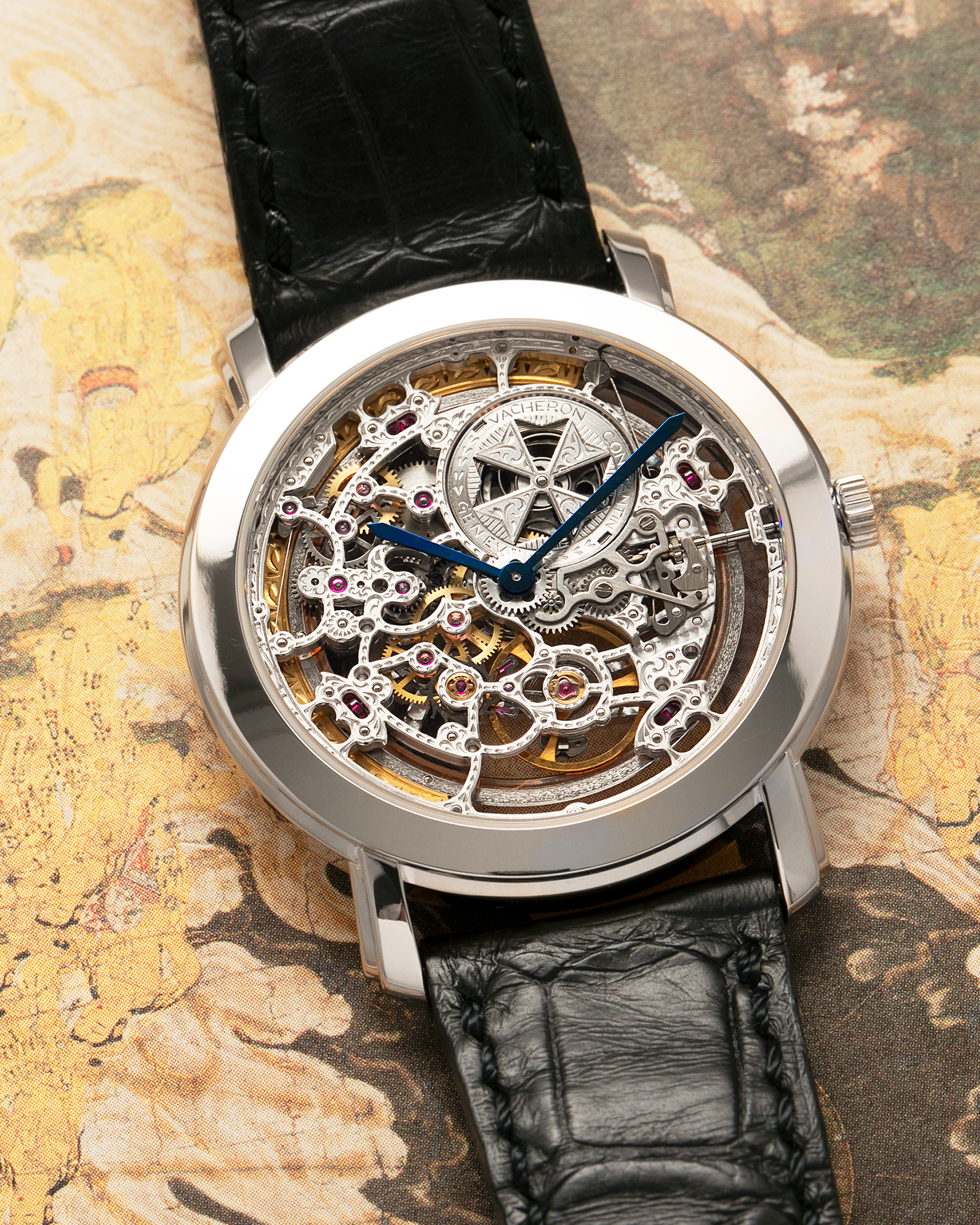 Brand: Vacheron Constantin
Year: 2000s
Model: Malte Skeleton
Reference Number: 43080
Material: 18-carat White Gold Case
Movement: Vacheron Constantin Cal. 1120 SQ (Based on JLC Cal. 920 Ébauche), Self-Winding
Case Dimensions: 35.5mm x 6mm (Lug-to-Lug 41mm)
Lug Width: 19mm
Strap: Vacheron Constantin Black Alligator Leather Strap with Signed 18-carat White Gold Tang Buckle