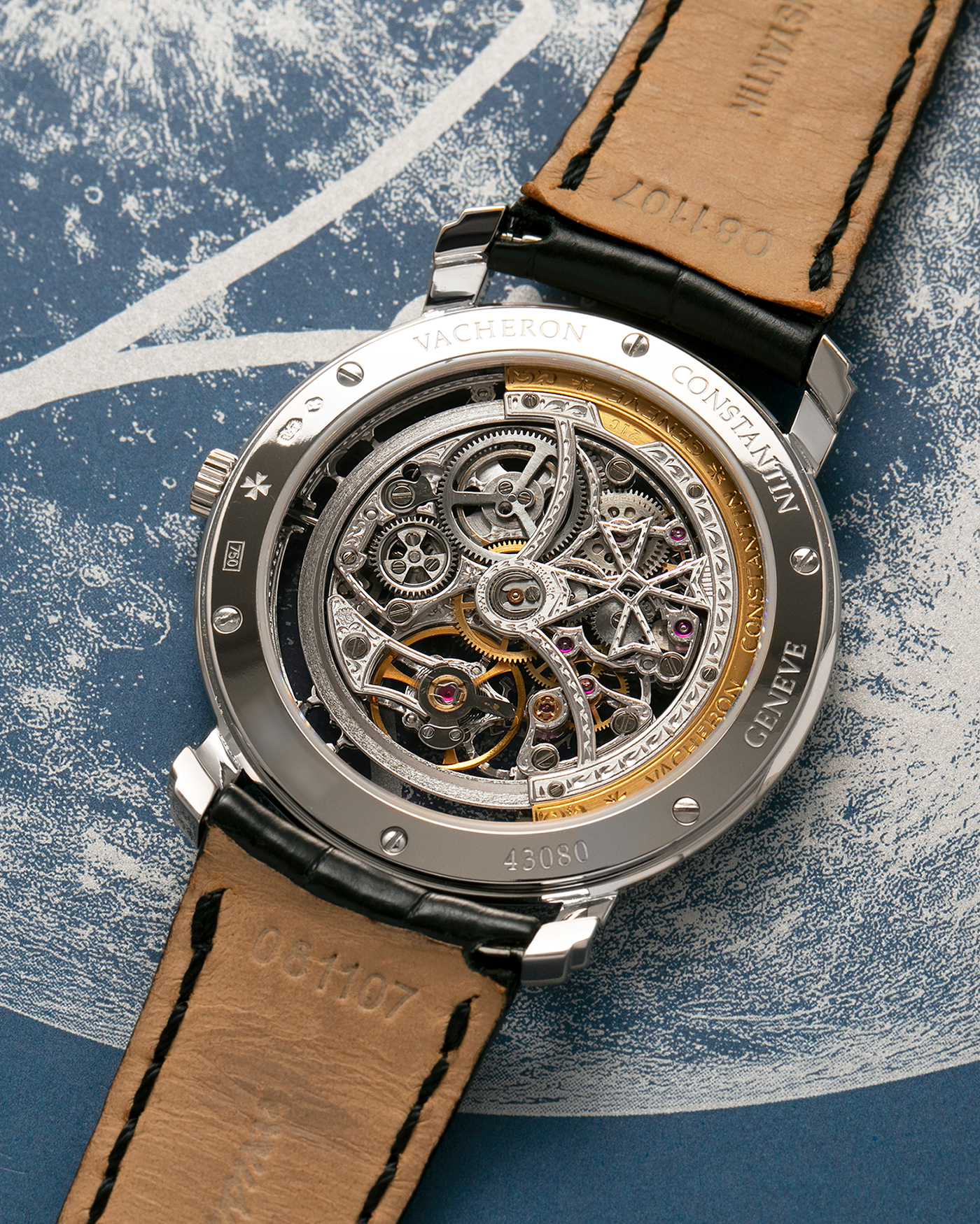 Brand: Vacheron Constantin
Year: 2000s
Model: Malte Skeleton
Reference Number: 43080
Material: 18-carat White Gold Case
Movement: Vacheron Constantin Cal. 1120 SQ (Based on JLC Cal. 920 Ébauche), Self-Winding
Case Dimensions: 35.5mm x 6mm (Lug-to-Lug 41mm)
Lug Width: 19mm
Strap: Vacheron Constantin Black Alligator Leather Strap with Signed 18-carat White Gold Tang Buckle