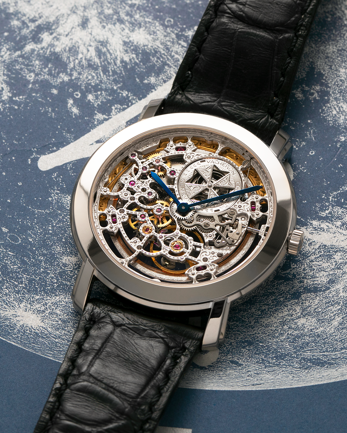 Brand: Vacheron Constantin
Year: 2000s
Model: Malte Skeleton
Reference Number: 43080
Material: 18-carat White Gold Case
Movement: Vacheron Constantin Cal. 1120 SQ (Based on JLC Cal. 920 Ébauche), Self-Winding
Case Dimensions: 35.5mm x 6mm (Lug-to-Lug 41mm)
Lug Width: 19mm
Strap: Vacheron Constantin Black Alligator Leather Strap with Signed 18-carat White Gold Tang Buckle