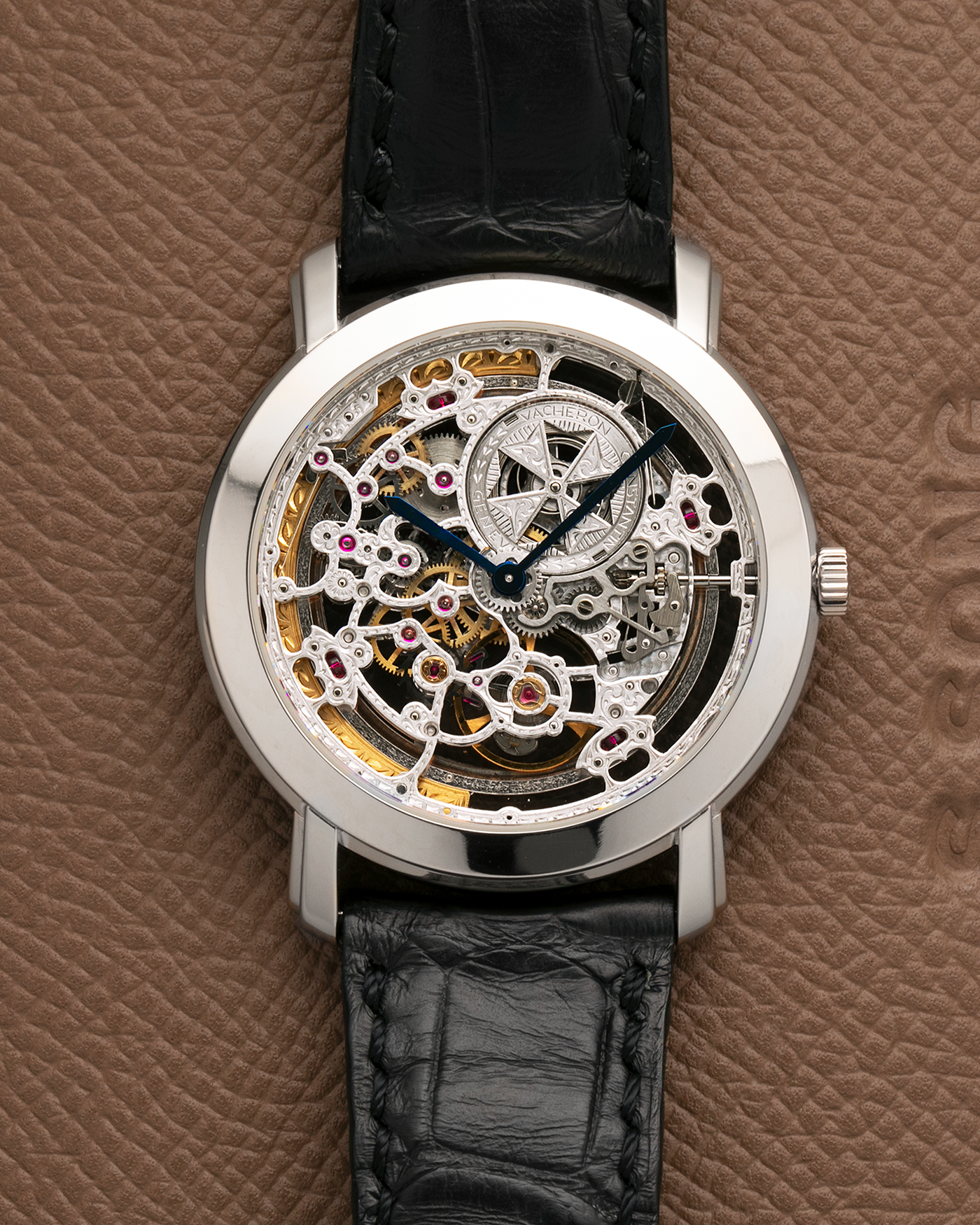 Brand: Vacheron Constantin
Year: 2000s
Model: Malte Skeleton
Reference Number: 43080
Material: 18-carat White Gold Case
Movement: Vacheron Constantin Cal. 1120 SQ (Based on JLC Cal. 920 Ébauche), Self-Winding
Case Dimensions: 35.5mm x 6mm (Lug-to-Lug 41mm)
Lug Width: 19mm
Strap: Vacheron Constantin Black Alligator Leather Strap with Signed 18-carat White Gold Tang Buckle