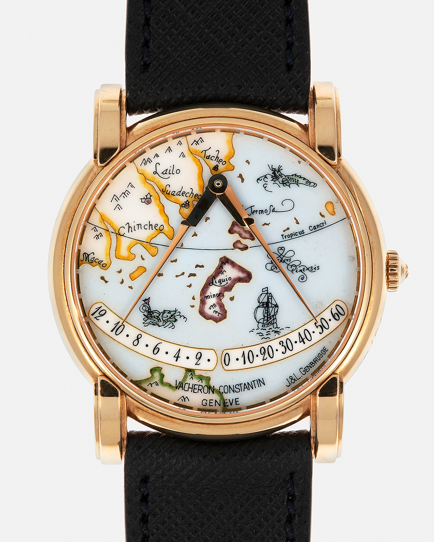 Brand: Vacheron Constantin
Year: 1998
Model: Mercator
Reference Number: 43050
Material: 18-carat Rose Gold Case, Champlevé Enamel Dial
Movement: Vacheron Constantin Cal. 1120/2 (Heavily-Modified Jaeger LeCoultre Cal. 920 Ébauche), Self-Winding
Case Dimensions: 36mm x 9mm (Lug-to-Lug 41mm)
Lug Width: 20mm
Strap: Molequin Dark Navy Textured Calf Leather Strap with Signed 18-carat Yellow Gold Deployant Buckle, extra Vacheron Constantin Black Alligator Leather Strap (Used)
