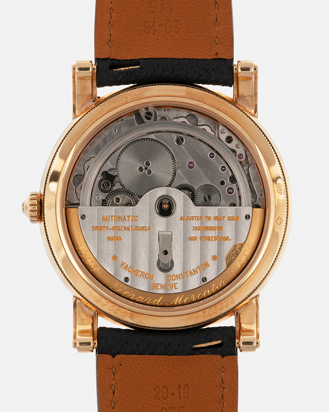 Brand: Vacheron Constantin
Year: 1998
Model: Mercator
Reference Number: 43050
Material: 18-carat Rose Gold Case, Champlevé Enamel Dial
Movement: Vacheron Constantin Cal. 1120/2 (Heavily-Modified Jaeger LeCoultre Cal. 920 Ébauche), Self-Winding
Case Dimensions: 36mm x 9mm (Lug-to-Lug 41mm)
Lug Width: 20mm
Strap: Molequin Dark Navy Textured Calf Leather Strap with Signed 18-carat Yellow Gold Deployant Buckle, extra Vacheron Constantin Black Alligator Leather Strap (Used)