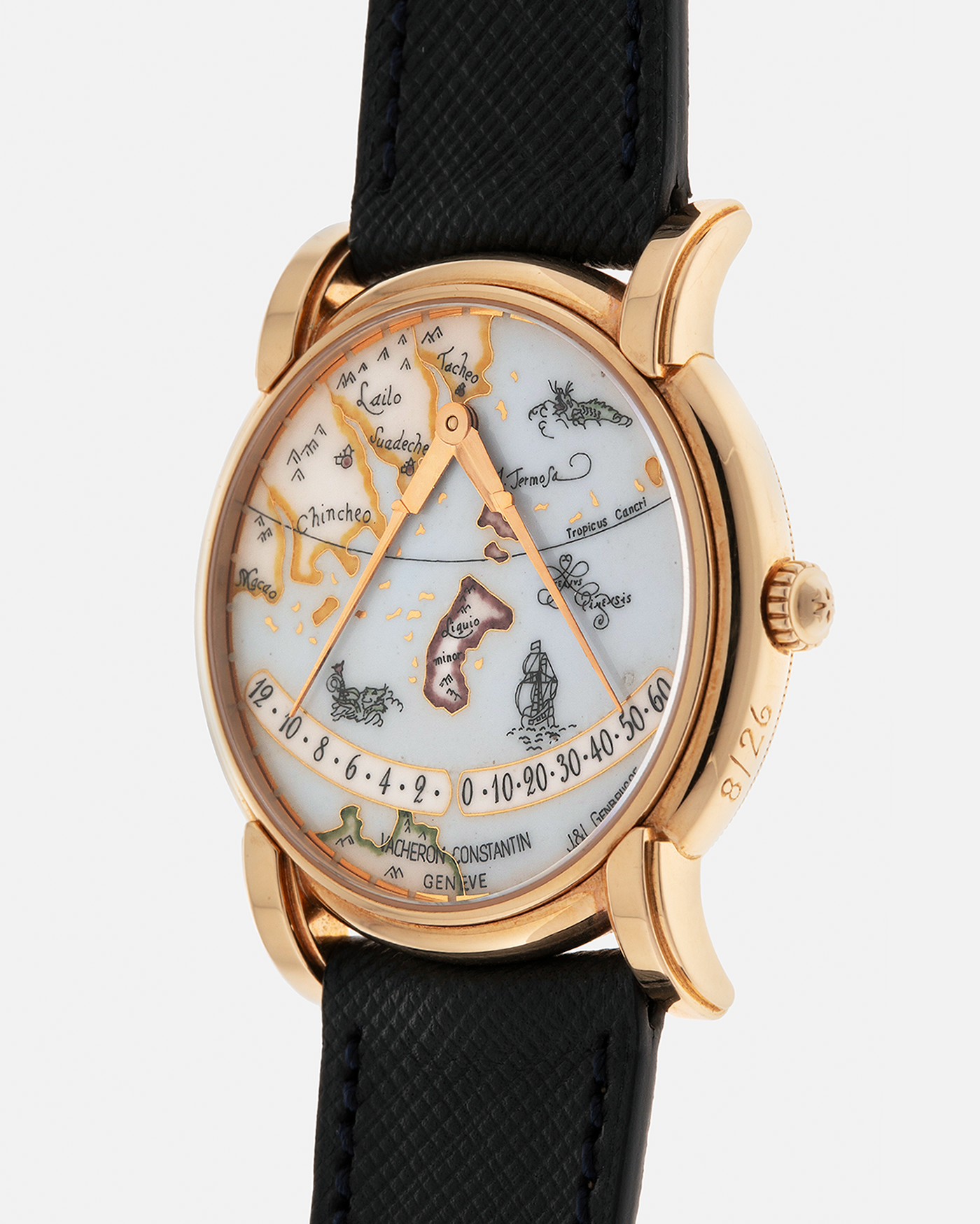 Brand: Vacheron Constantin
Year: 1998
Model: Mercator
Reference Number: 43050
Material: 18-carat Rose Gold Case, Champlevé Enamel Dial
Movement: Vacheron Constantin Cal. 1120/2 (Heavily-Modified Jaeger LeCoultre Cal. 920 Ébauche), Self-Winding
Case Dimensions: 36mm x 9mm (Lug-to-Lug 41mm)
Lug Width: 20mm
Strap: Molequin Dark Navy Textured Calf Leather Strap with Signed 18-carat Yellow Gold Deployant Buckle, extra Vacheron Constantin Black Alligator Leather Strap (Used)