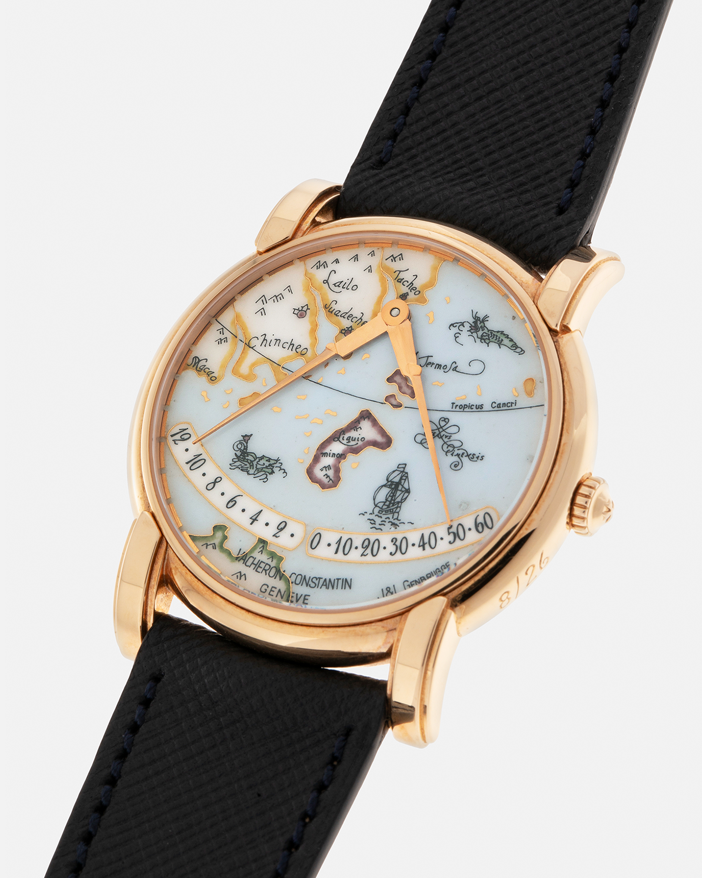 Brand: Vacheron Constantin
Year: 1998
Model: Mercator
Reference Number: 43050
Material: 18-carat Rose Gold Case, Champlevé Enamel Dial
Movement: Vacheron Constantin Cal. 1120/2 (Heavily-Modified Jaeger LeCoultre Cal. 920 Ébauche), Self-Winding
Case Dimensions: 36mm x 9mm (Lug-to-Lug 41mm)
Lug Width: 20mm
Strap: Molequin Dark Navy Textured Calf Leather Strap with Signed 18-carat Yellow Gold Deployant Buckle, extra Vacheron Constantin Black Alligator Leather Strap (Used)