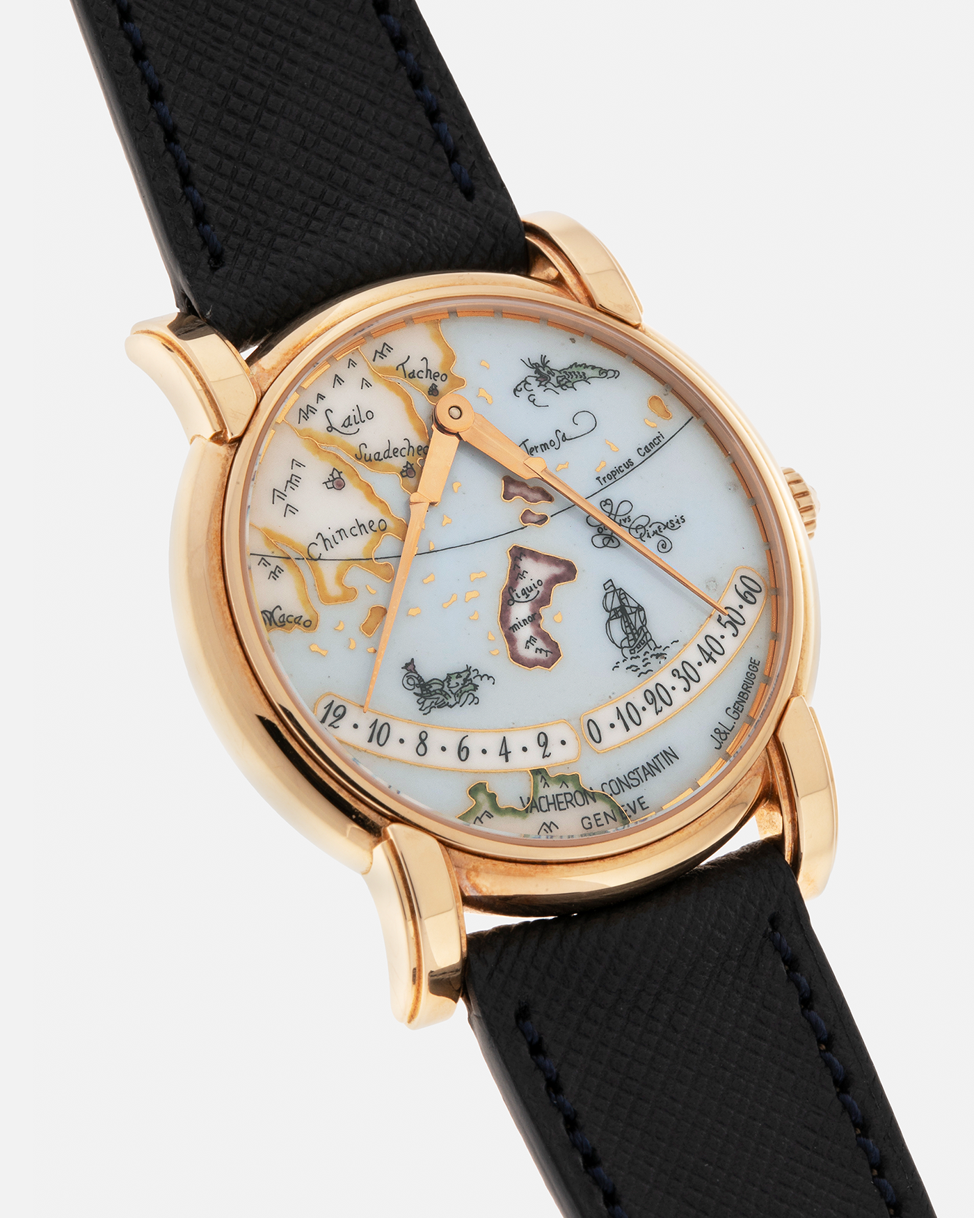 Brand: Vacheron Constantin
Year: 1998
Model: Mercator
Reference Number: 43050
Material: 18-carat Rose Gold Case, Champlevé Enamel Dial
Movement: Vacheron Constantin Cal. 1120/2 (Heavily-Modified Jaeger LeCoultre Cal. 920 Ébauche), Self-Winding
Case Dimensions: 36mm x 9mm (Lug-to-Lug 41mm)
Lug Width: 20mm
Strap: Molequin Dark Navy Textured Calf Leather Strap with Signed 18-carat Yellow Gold Deployant Buckle, extra Vacheron Constantin Black Alligator Leather Strap (Used)