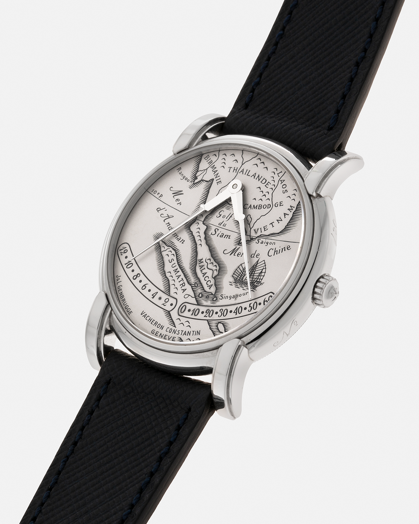 Brand: Vacheron Constantin Year: 1999 Model: Mercator, Southeast Asia Limited Edition of 20 pieces Reference Number: 43050 Material: Platinum Movement: Vacheron Constantin Cal. 1120 M (JLC Cal. 920 derived), Self-Winding Case Diameter: 36mm Lug Width: 19mm Strap: Molequin Navy Blue Textured Calf Leather Strap with Signed 18-carat White Gold Deployant Clasp