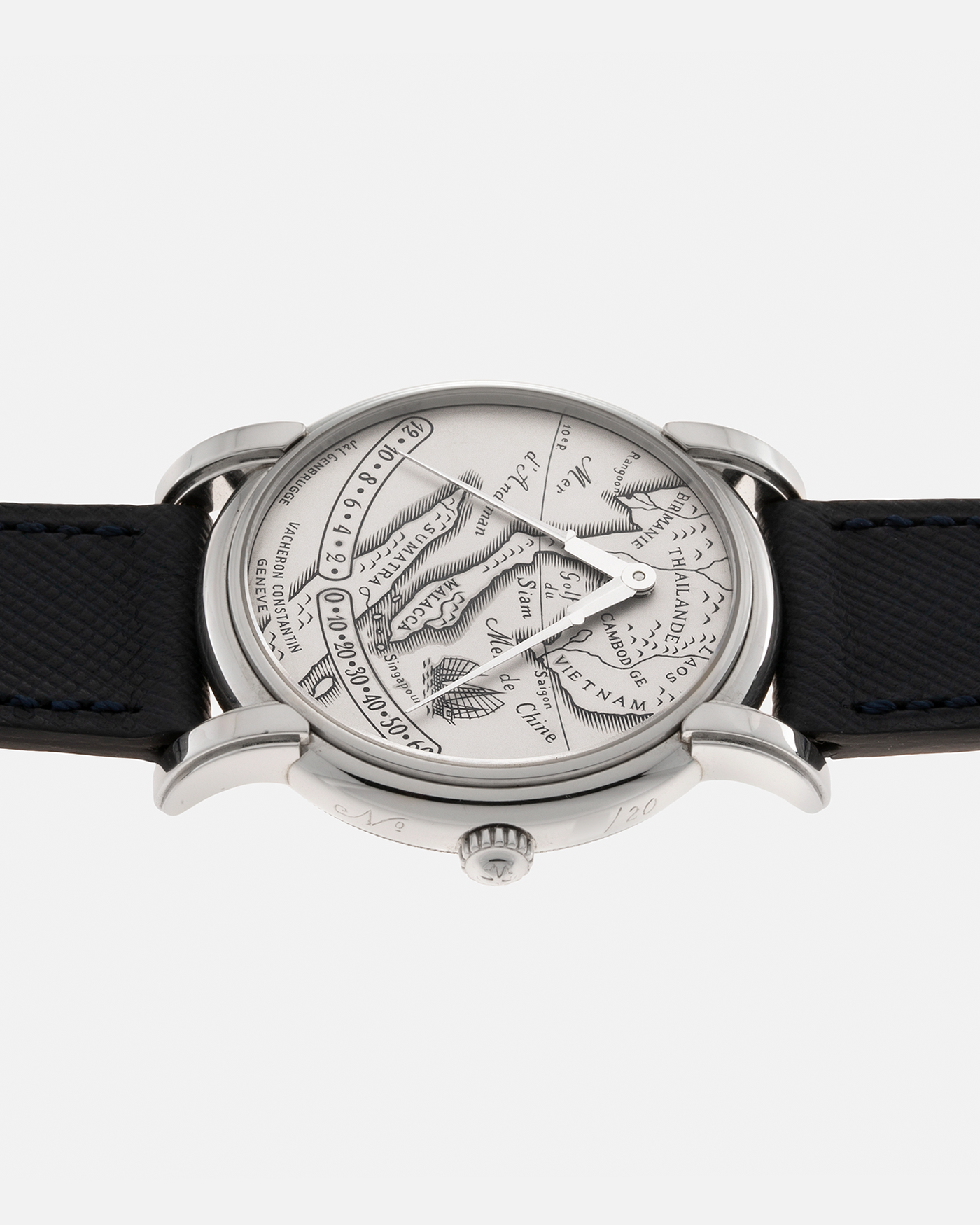 Brand: Vacheron Constantin Year: 1999 Model: Mercator, Southeast Asia Limited Edition of 20 pieces Reference Number: 43050 Material: Platinum Movement: Vacheron Constantin Cal. 1120 M (JLC Cal. 920 derived), Self-Winding Case Diameter: 36mm Lug Width: 19mm Strap: Molequin Navy Blue Textured Calf Leather Strap with Signed 18-carat White Gold Deployant Clasp