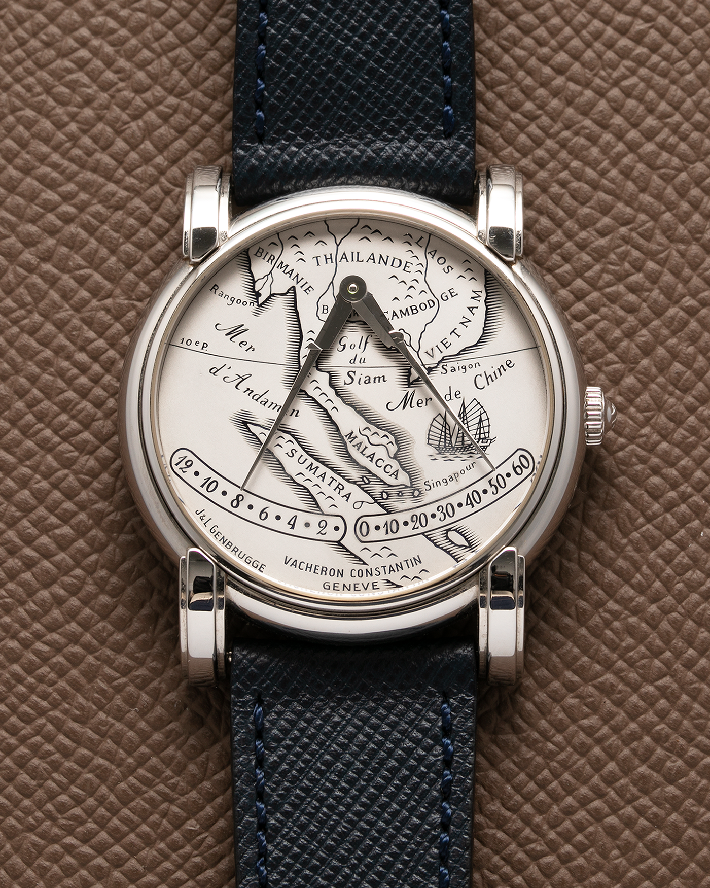Brand: Vacheron Constantin Year: 1999 Model: Mercator, Southeast Asia Limited Edition of 20 pieces Reference Number: 43050 Material: Platinum Movement: Vacheron Constantin Cal. 1120 M (JLC Cal. 920 derived), Self-Winding Case Diameter: 36mm Lug Width: 19mm Strap: Molequin Navy Blue Textured Calf Leather Strap with Signed 18-carat White Gold Deployant Clasp