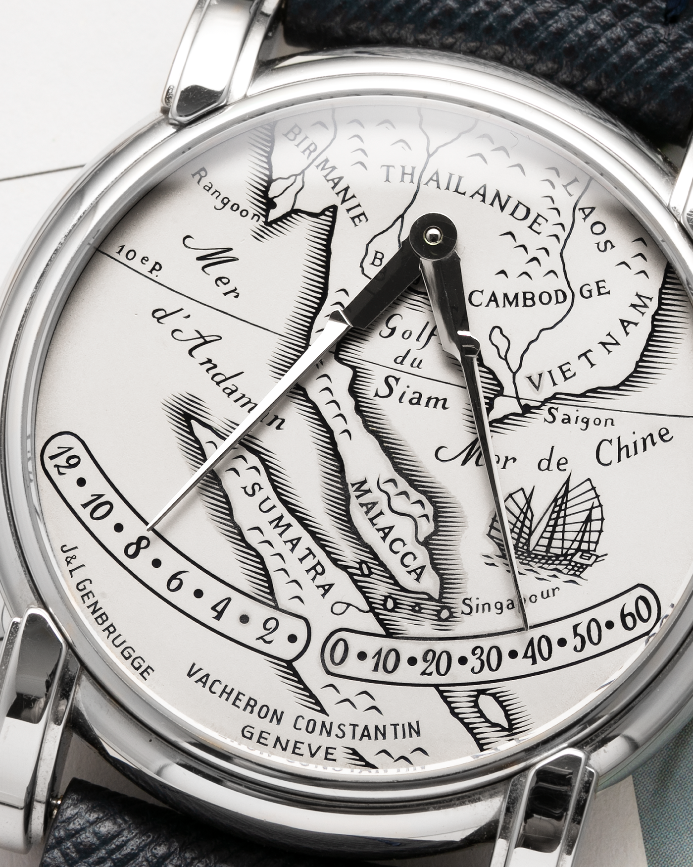 Brand: Vacheron Constantin Year: 1999 Model: Mercator, Southeast Asia Limited Edition of 20 pieces Reference Number: 43050 Material: Platinum Movement: Vacheron Constantin Cal. 1120 M (JLC Cal. 920 derived), Self-Winding Case Diameter: 36mm Lug Width: 19mm Strap: Molequin Navy Blue Textured Calf Leather Strap with Signed 18-carat White Gold Deployant Clasp